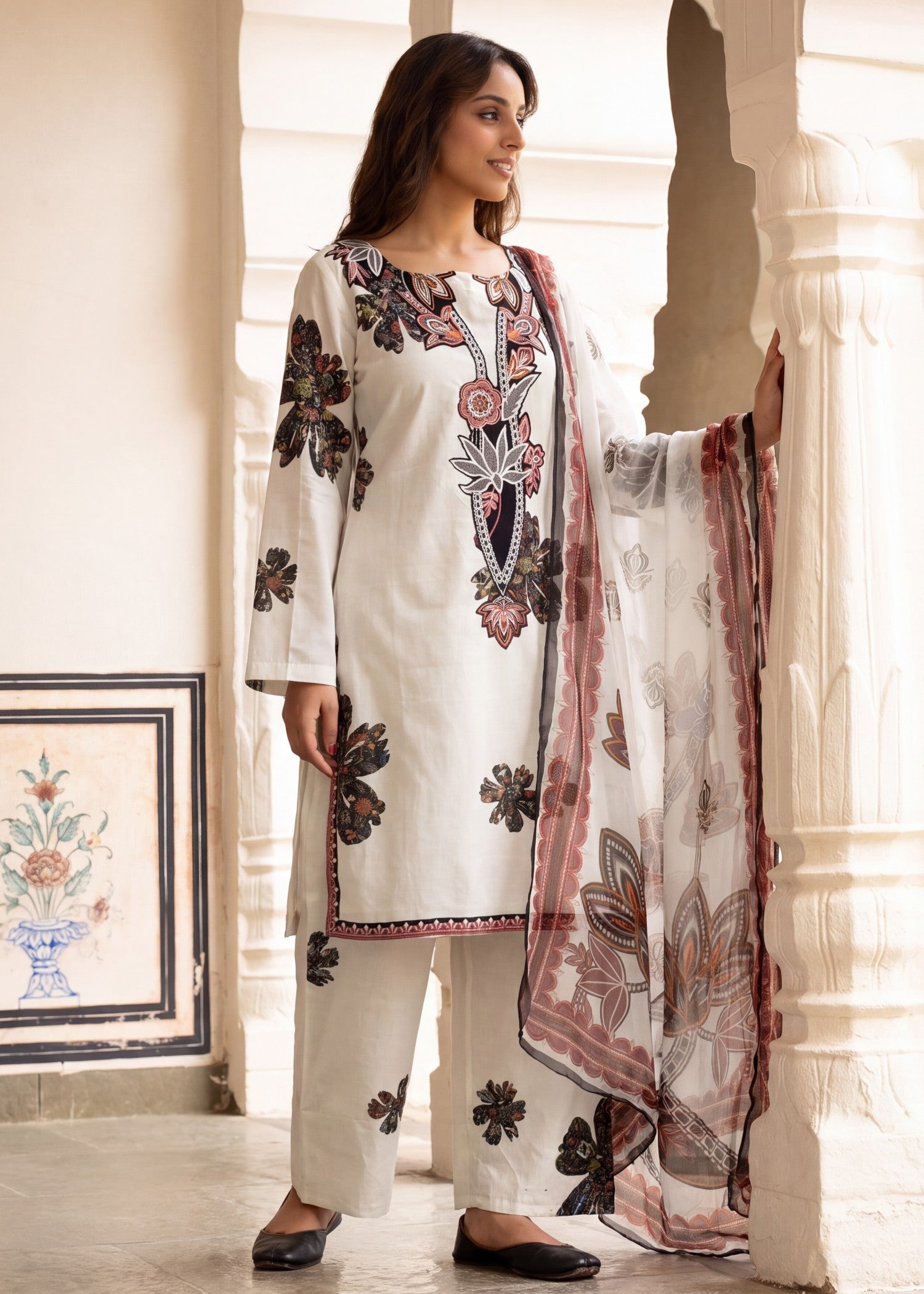 Embroidered Chalk Lawn Suit Online in Dubai DXB UAE Abudhabi Meena Bazaar