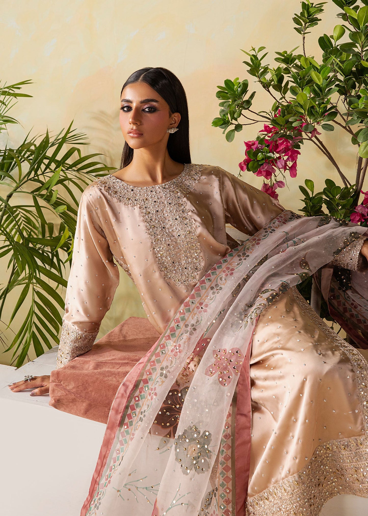 Embroidered Champagne Charmuse Festive Wear Suit Online in Dubai UAE Abudhabi Ajman Sharjah