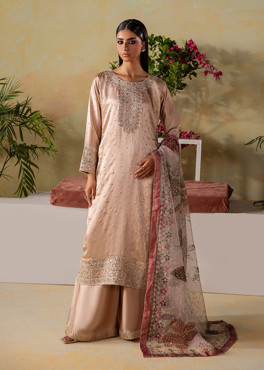 Embroidered Champagne Organza Dupatta Salwar Kameez Online in KSA Riyadh Saudi Arabia Oman Bahrain Qatar