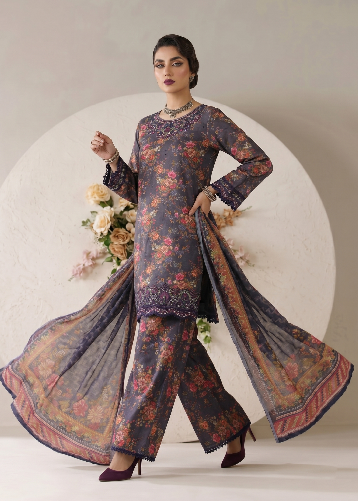 Embroidered Charcoal Lawn Pakistani Suit Online in Sri Lanka India Australia