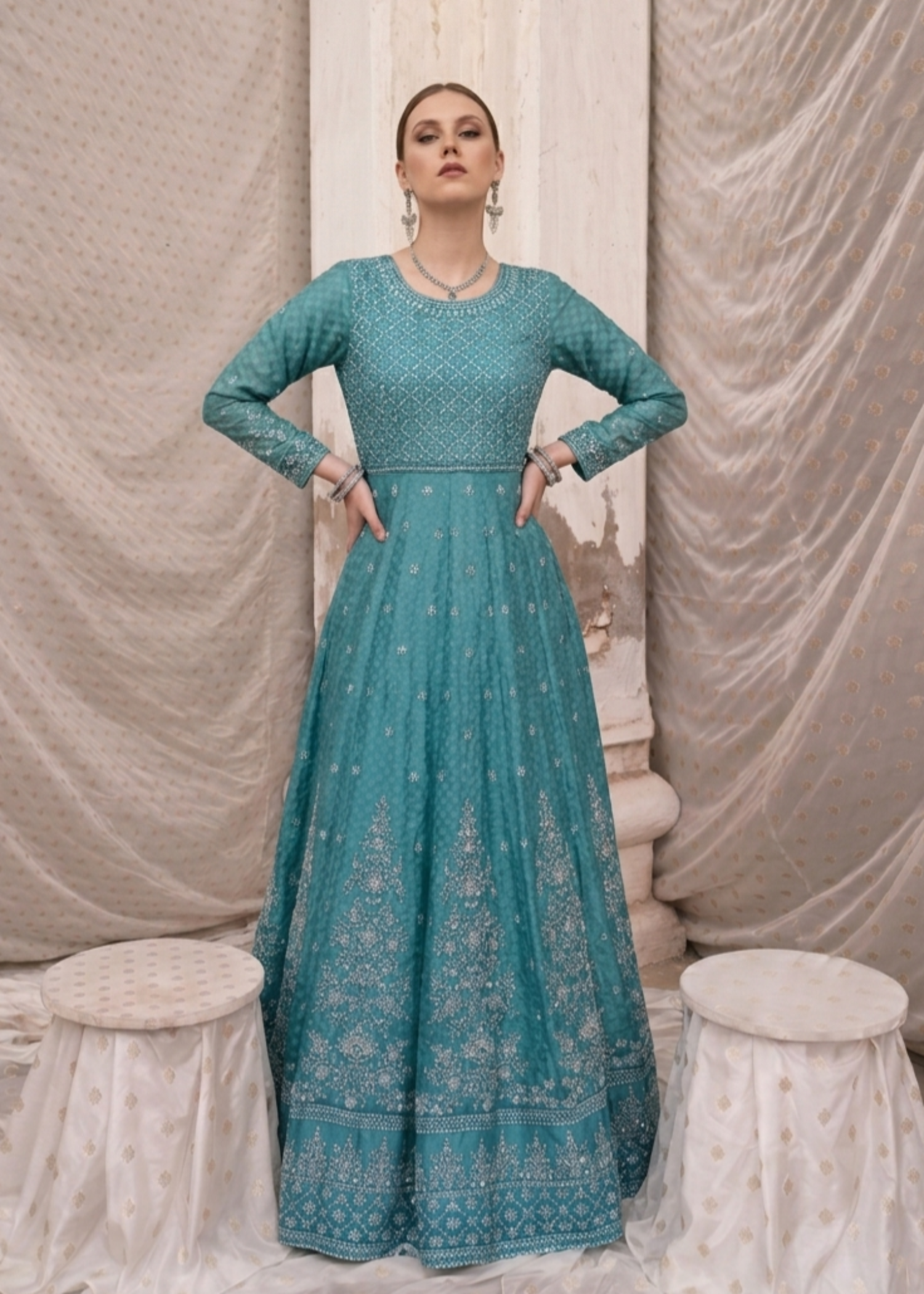 Embroidered Chiffon Aqua Salwar Kameez Online in Dubai DXB UAE Abudhabi Meena Bazaar