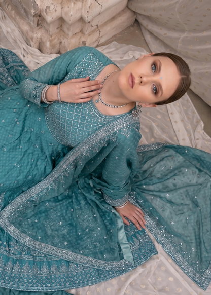 Embroidered Chiffon Aquamarine Suit Online in Dubai DXB UAE Abudhabi Meena Bazaar
