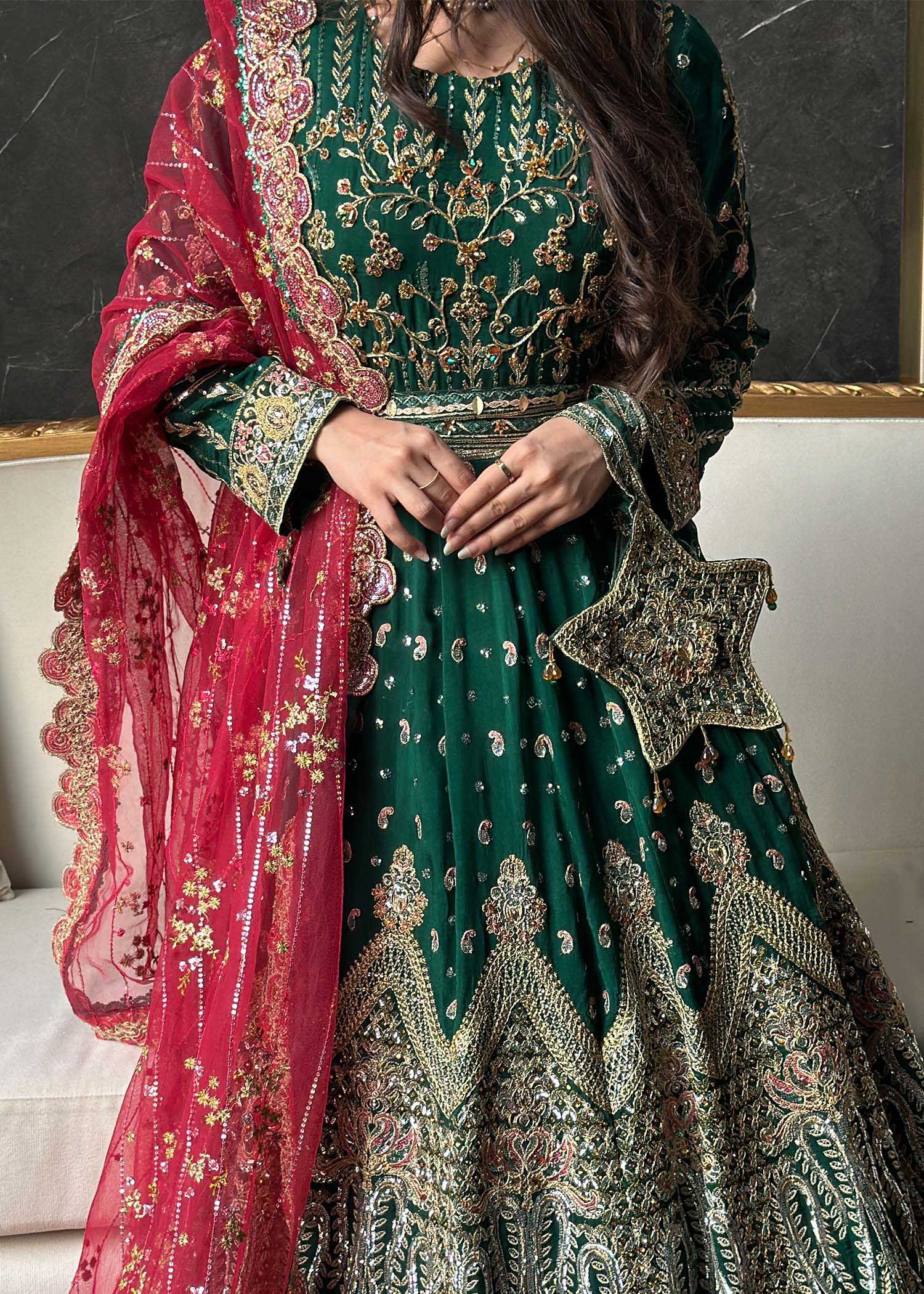 Embroidered Chiffon Dark Green Wedding Guest Wear Online in Dubai DXB UAE Abudhabi Meena Bazaar