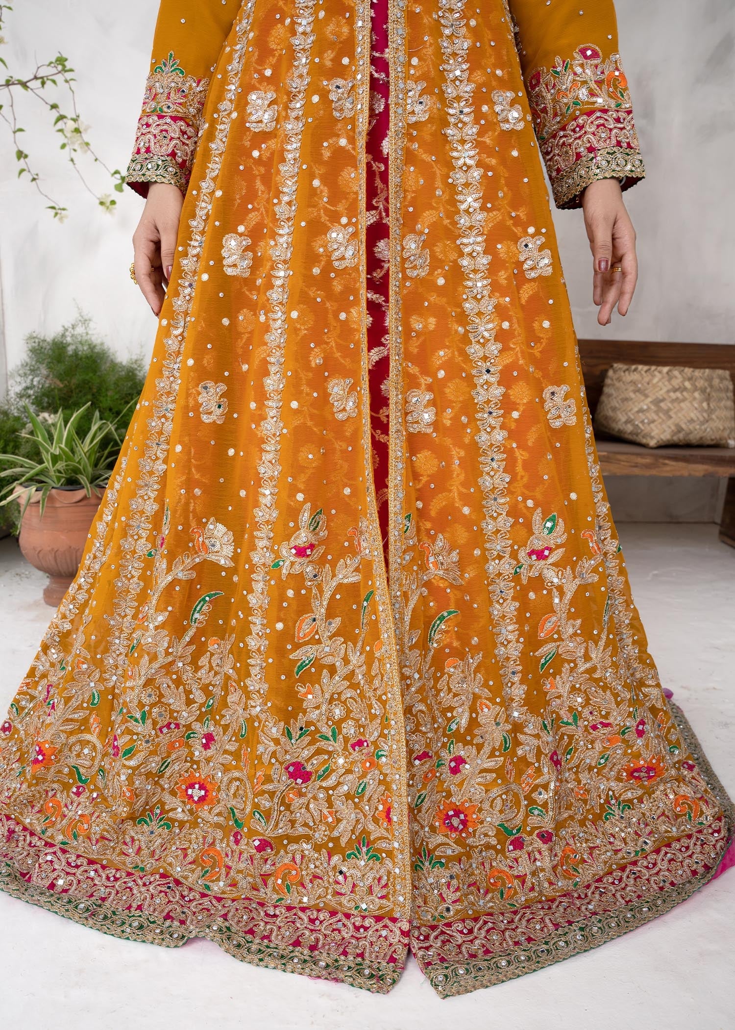 Embroidered Chiffon Dupatta Raw Silk Trouser Suit Online in Dubai UAE Abudhabi Ajman Sharjah