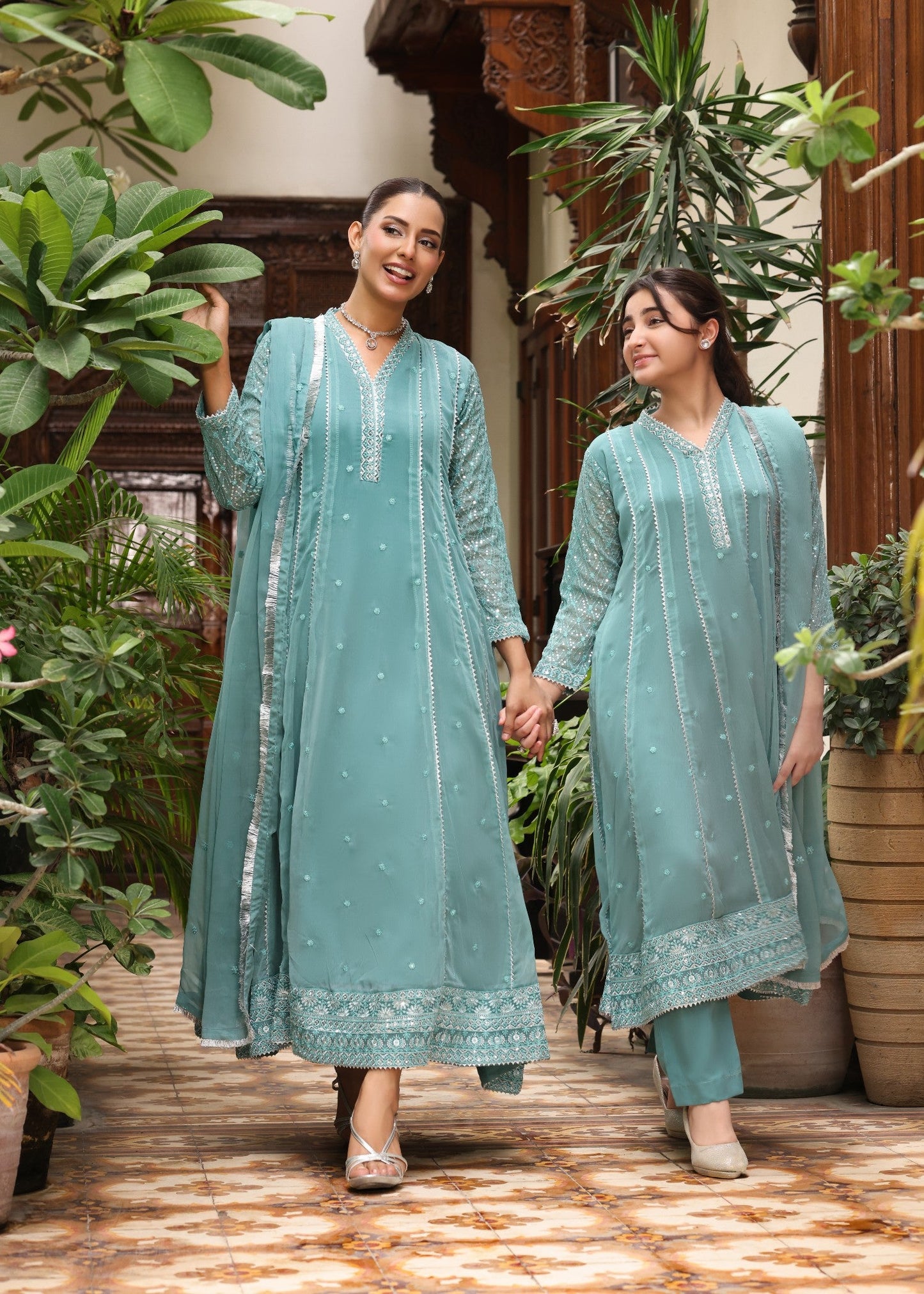Embroidered Chiffon Flared Top Straight Trouser Suit Online in UK USA Canada