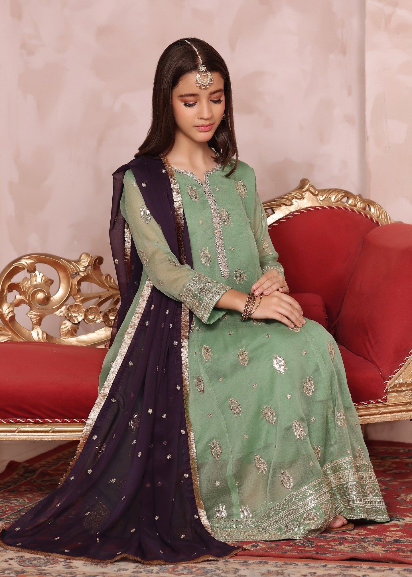 Embroidered Chiffon Kids Suit Pastel Green Online in Sri Lanka India Australia