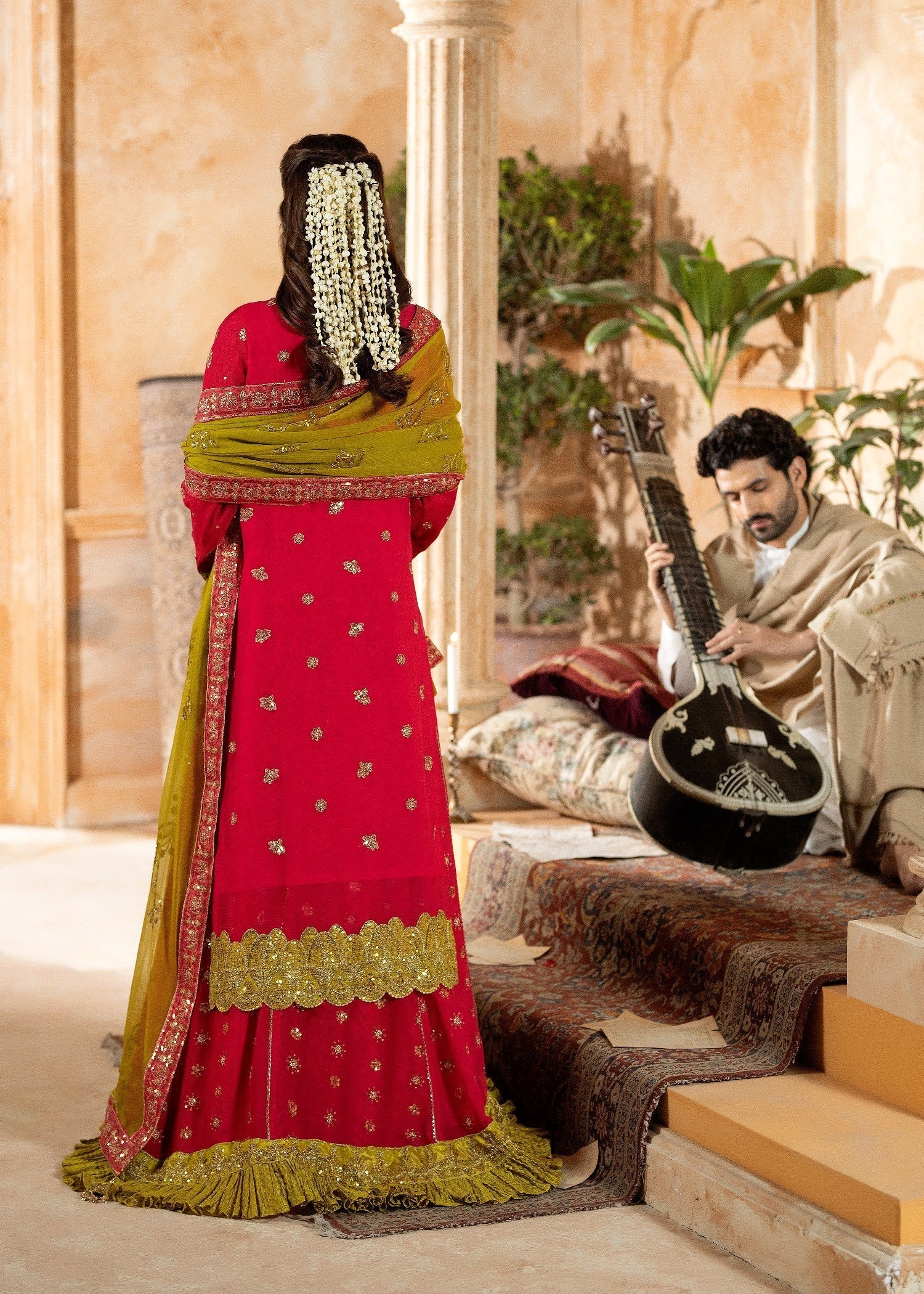 Embroidered Chiffon Kurti Lehenga Dupatta Set Online in KSA Riyadh Saudi Arabia Oman Bahrain Qatar