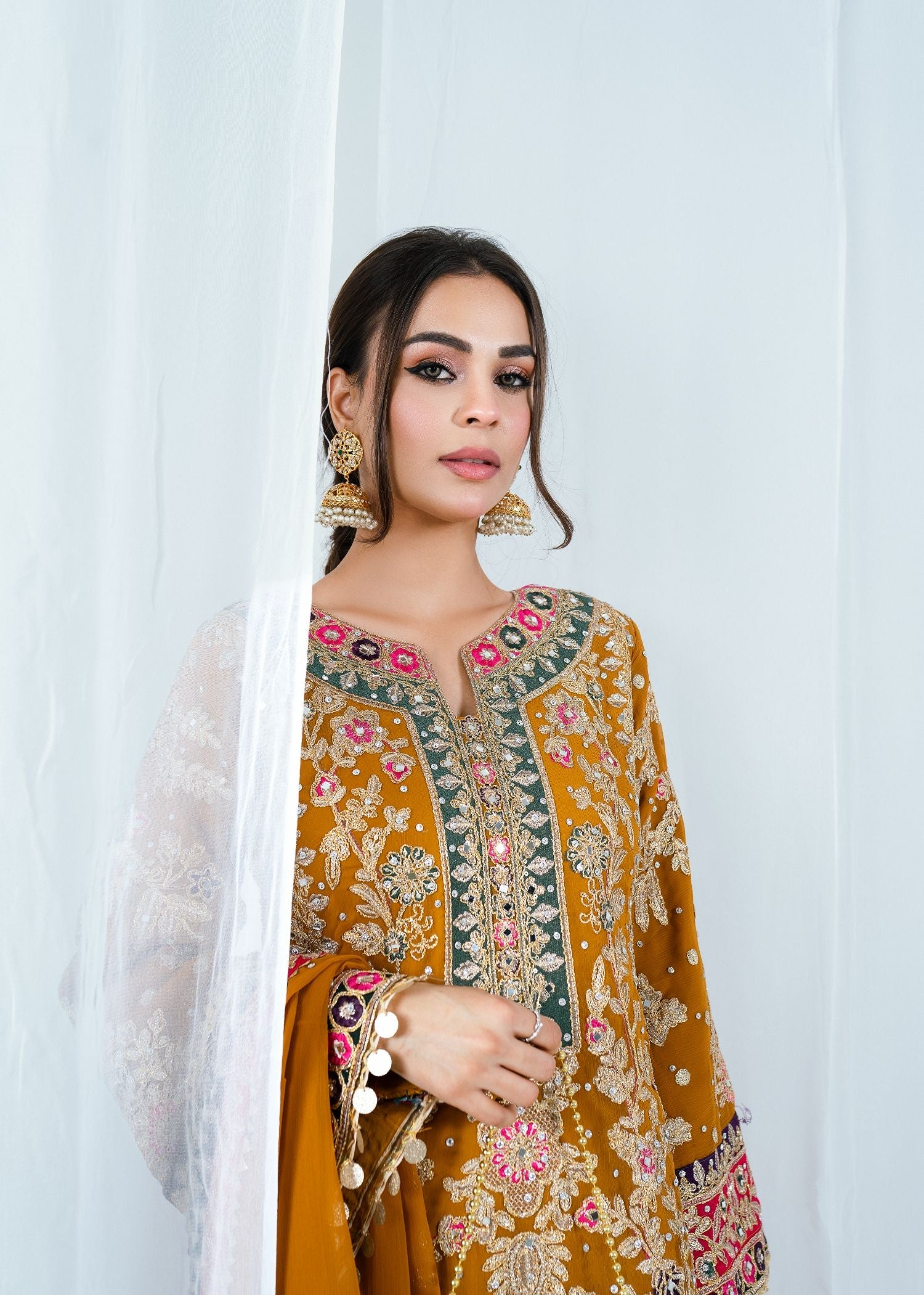Embroidered Chiffon Long Kurta with Dupatta Online in Dubai UAE Abudhabi Ajman Sharjah