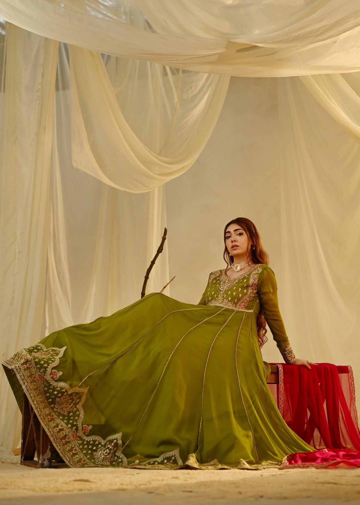 Embroidered Chiffon Olive Green Pakistani Suit Online in Sri Lanka India Australia