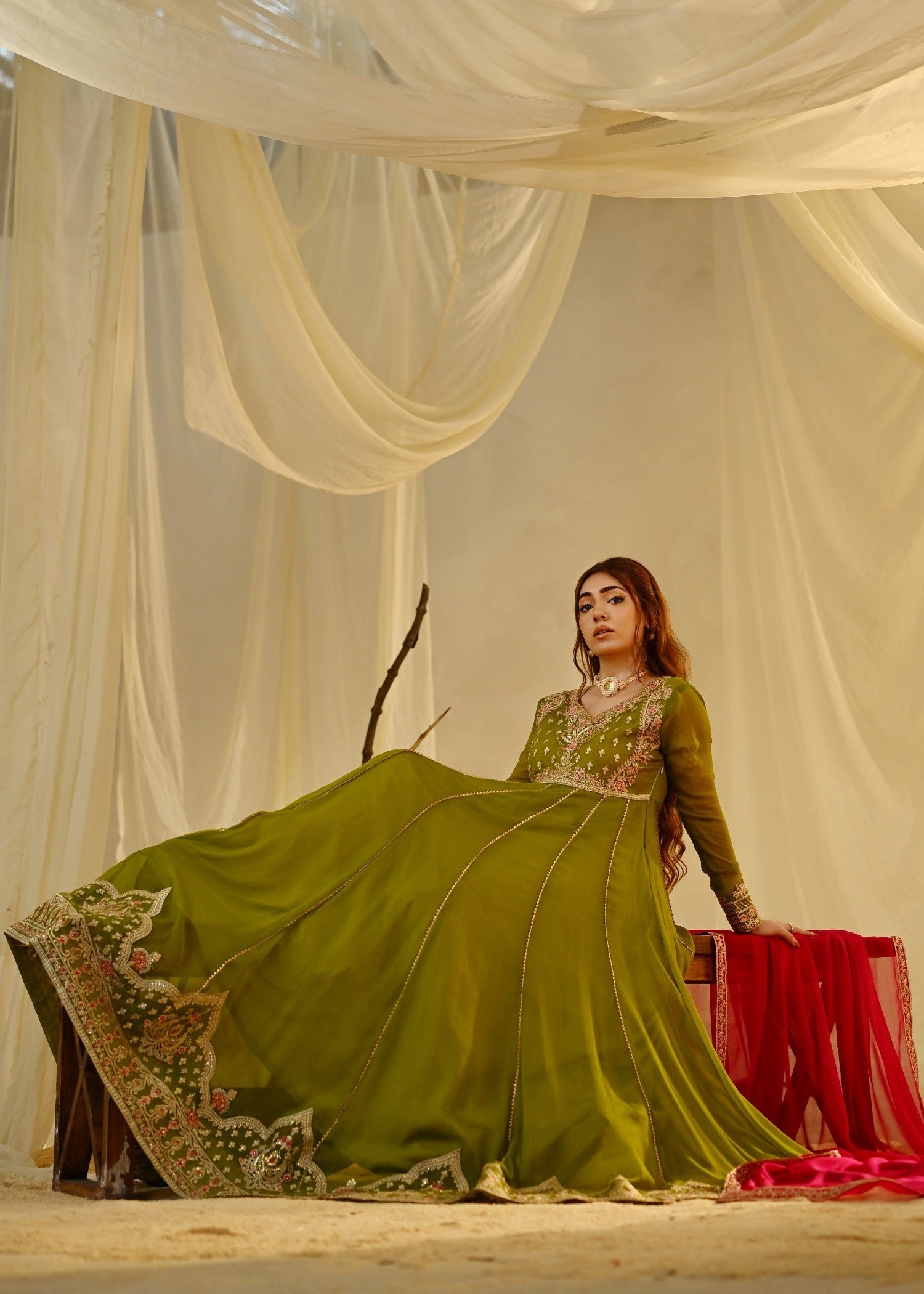 Embroidered Chiffon Olive Green Pakistani Suit Online in Sri Lanka India Australia