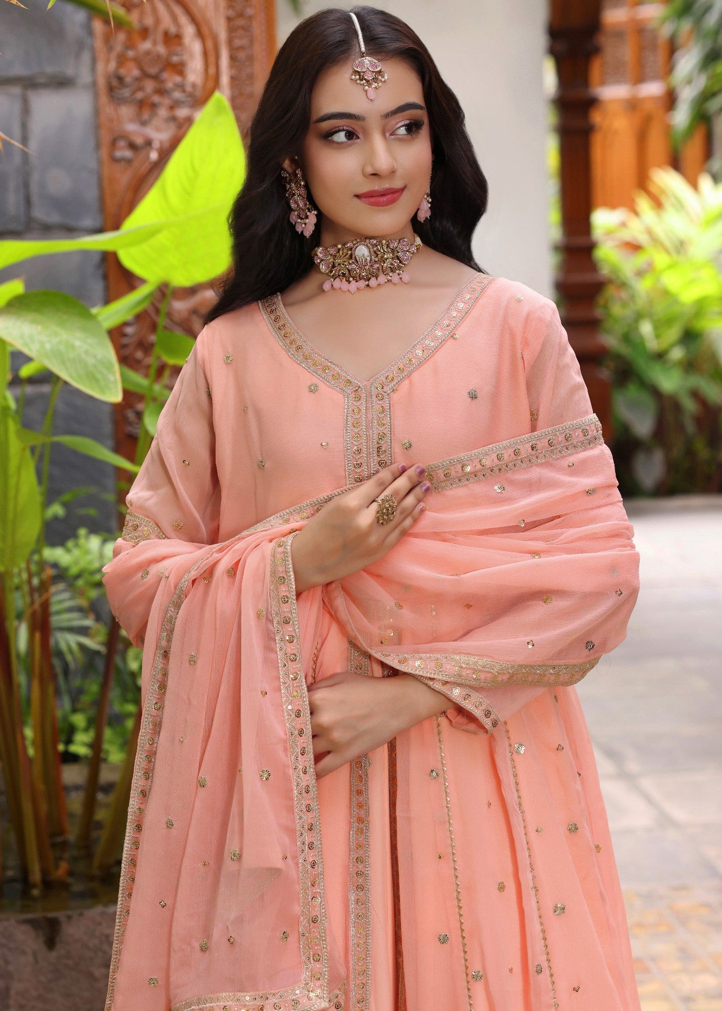 Embroidered Chiffon Pishwas Melon Pink Partywear Suit Online in Dubai DXB UAE Abudhabi Meena Bazaar