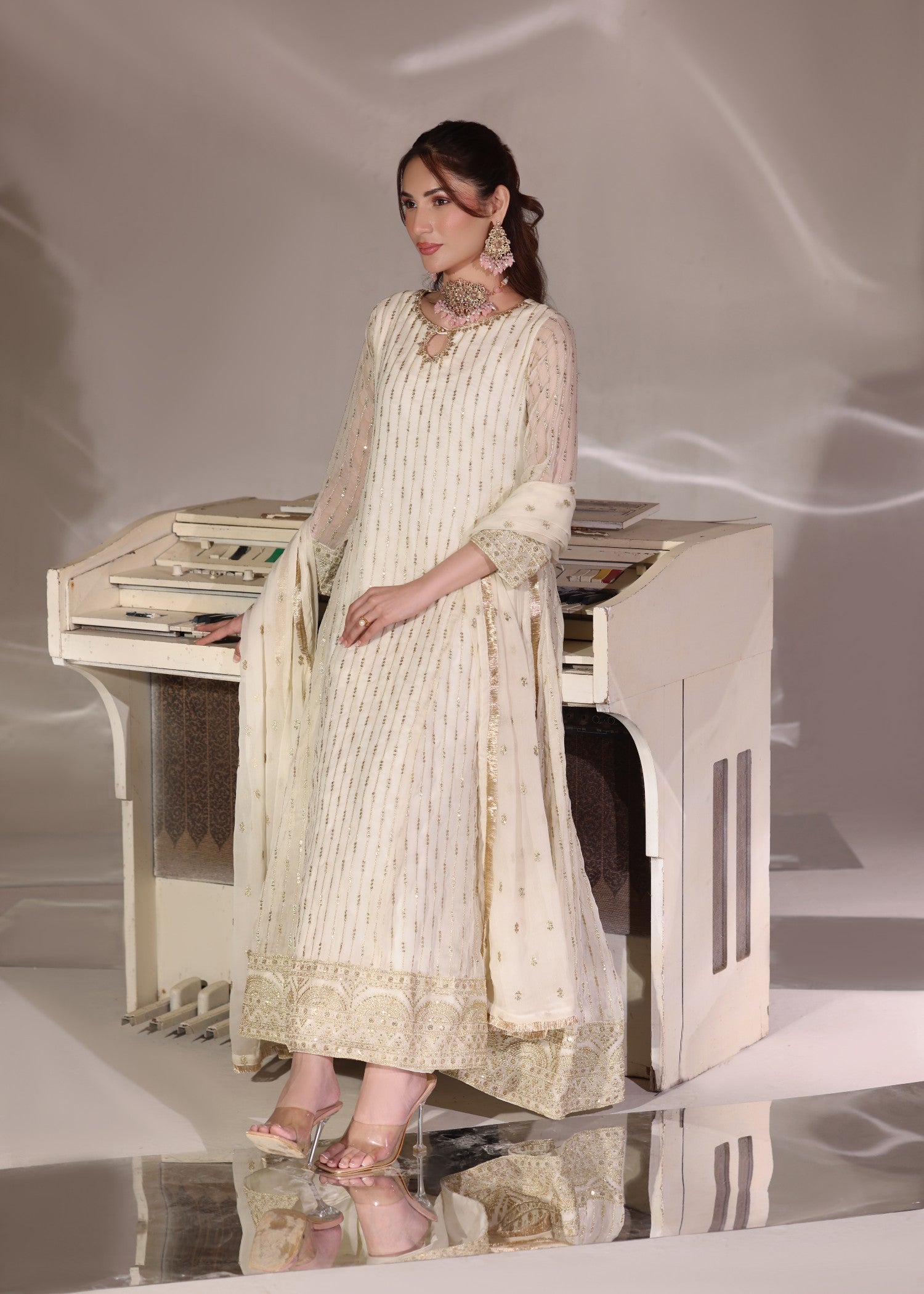 Embroidered Chiffon Pishwas Set for Women Online in KSA Riyadh Saudi Arabia Oman Bahrain Qatar