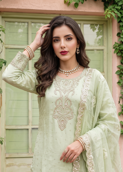 Embroidered Chiffon Pistachio Green Festive Wear Salwar Suit Online in KSA Riyadh Saudi Arabia Oman Bahrain Qatar