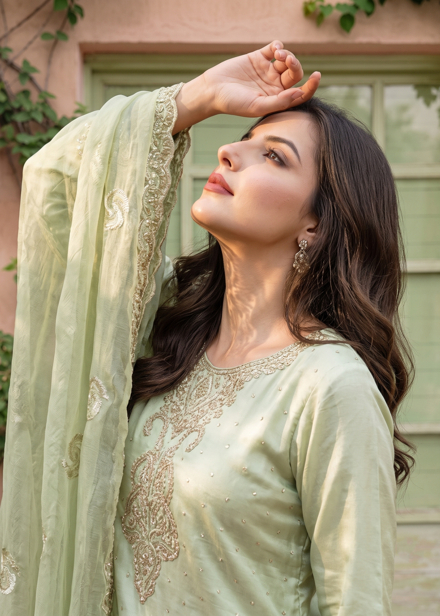 Embroidered Chiffon Pistachio Green Ladies Suit Online in KSA Riyadh Saudi Arabia Oman Bahrain Qatar