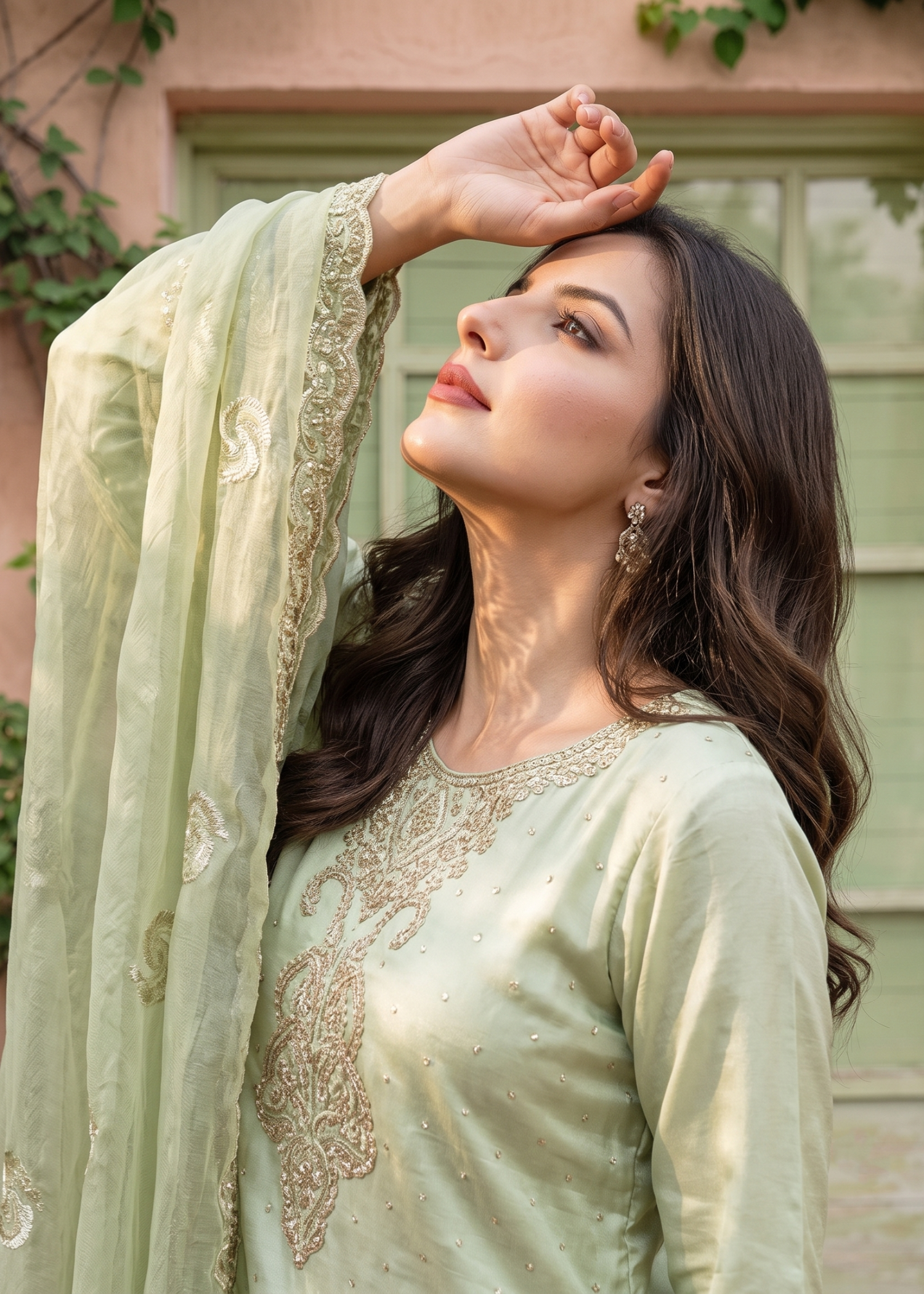 Embroidered Chiffon Pistachio Green Ladies Suit Online in KSA Riyadh Saudi Arabia Oman Bahrain Qatar