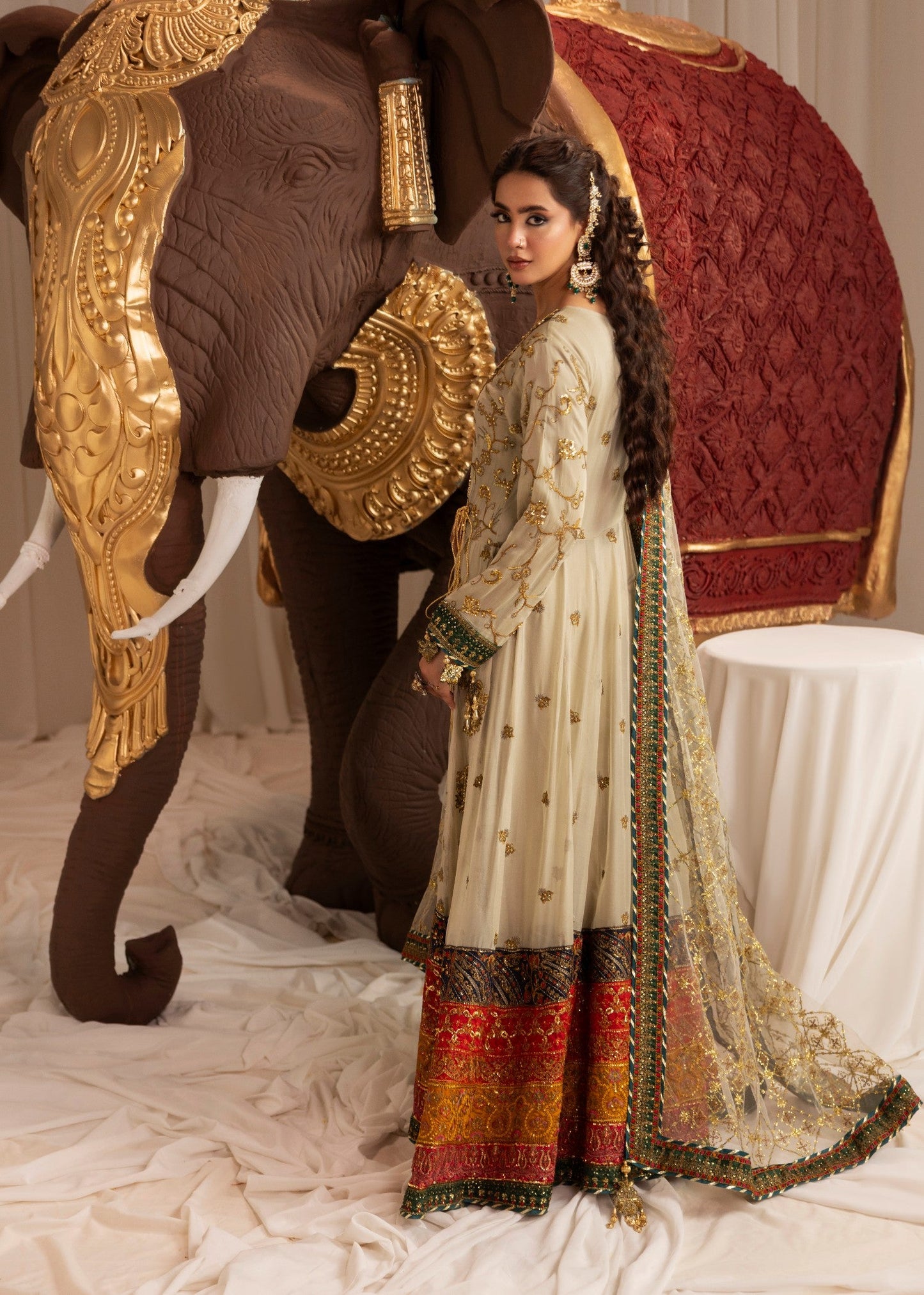 Embroidered Chiffon Sage Green Angrakha Gown Online in Dubai DXB UAE Abudhabi Meena Bazaar