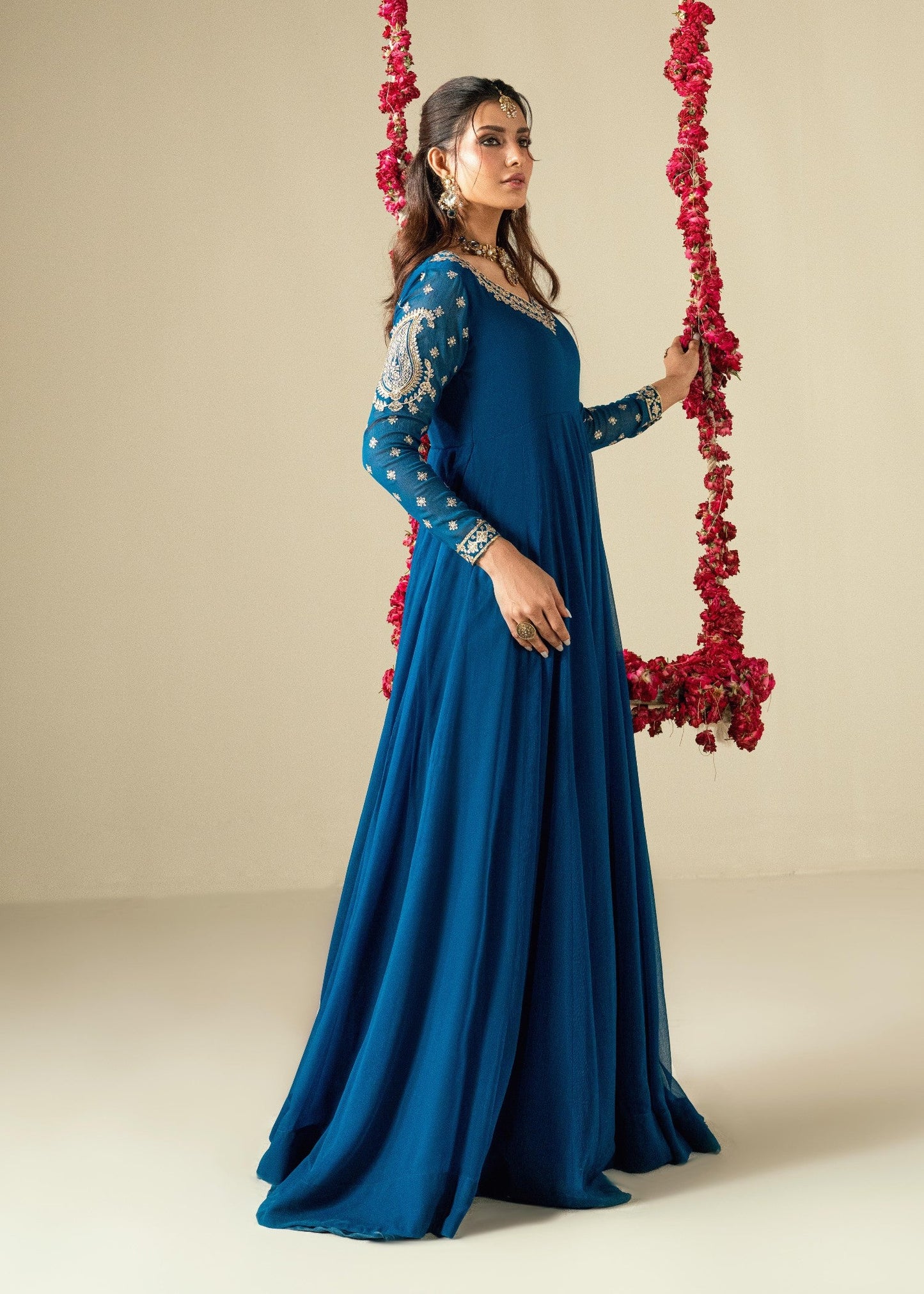 Embroidered Chiffon Sapphire Blue Partywear Maxi Online in UK USA Canada