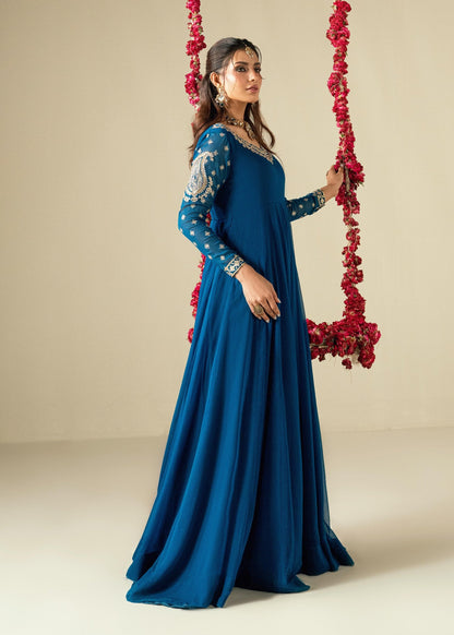 Embroidered Chiffon Sapphire Blue Partywear Maxi Online in UK USA Canada