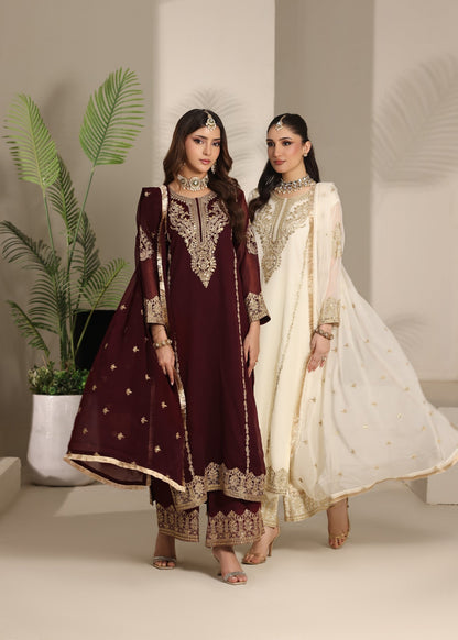 Embroidered Chiffon Three Piece Suit Online in Dubai UAE Abudhabi Ajman Sharjah