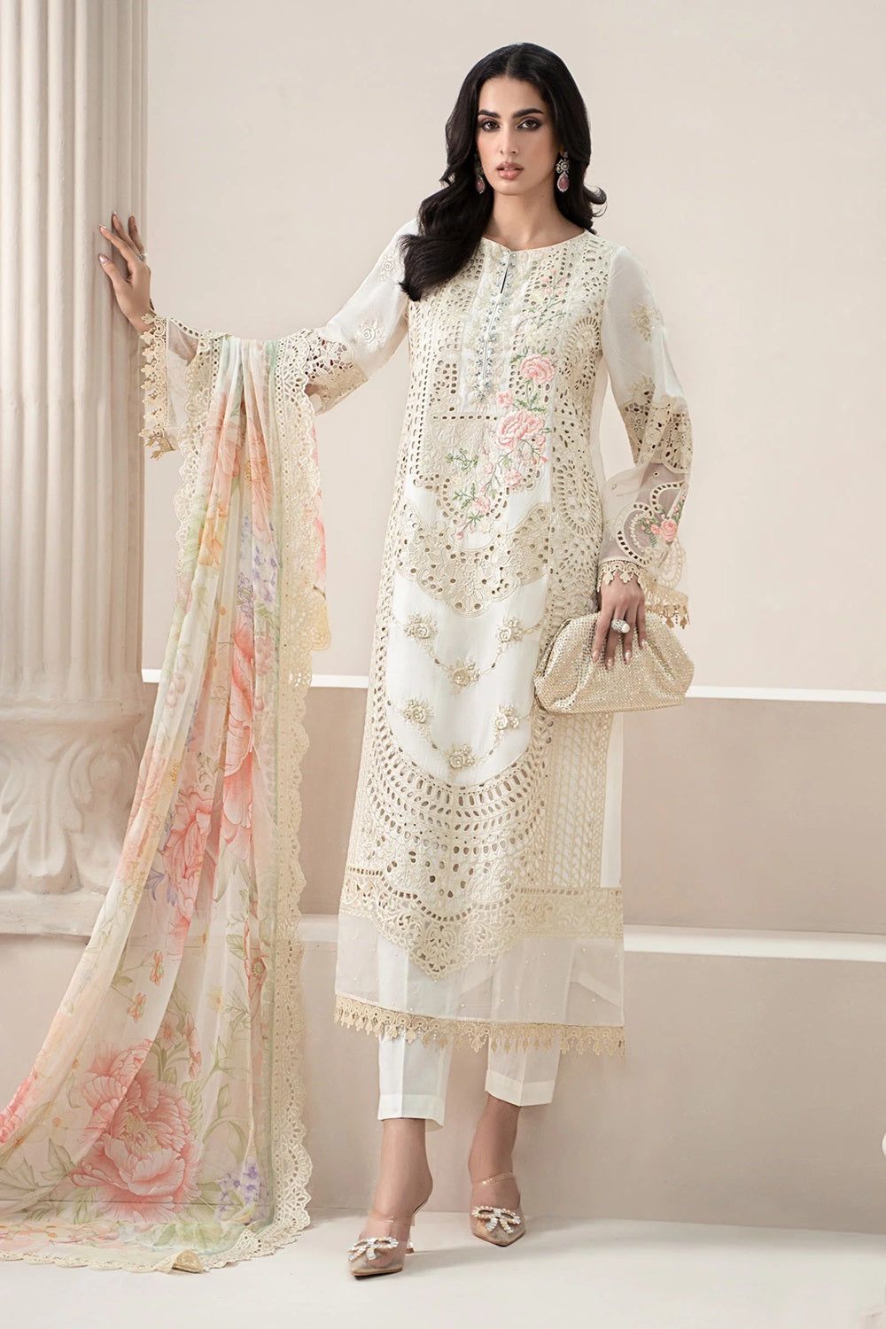 Embroidered Chikankari Lawn Front with Organza Patch Online in Dubai UAE Abudhabi Ajman Sharjah
