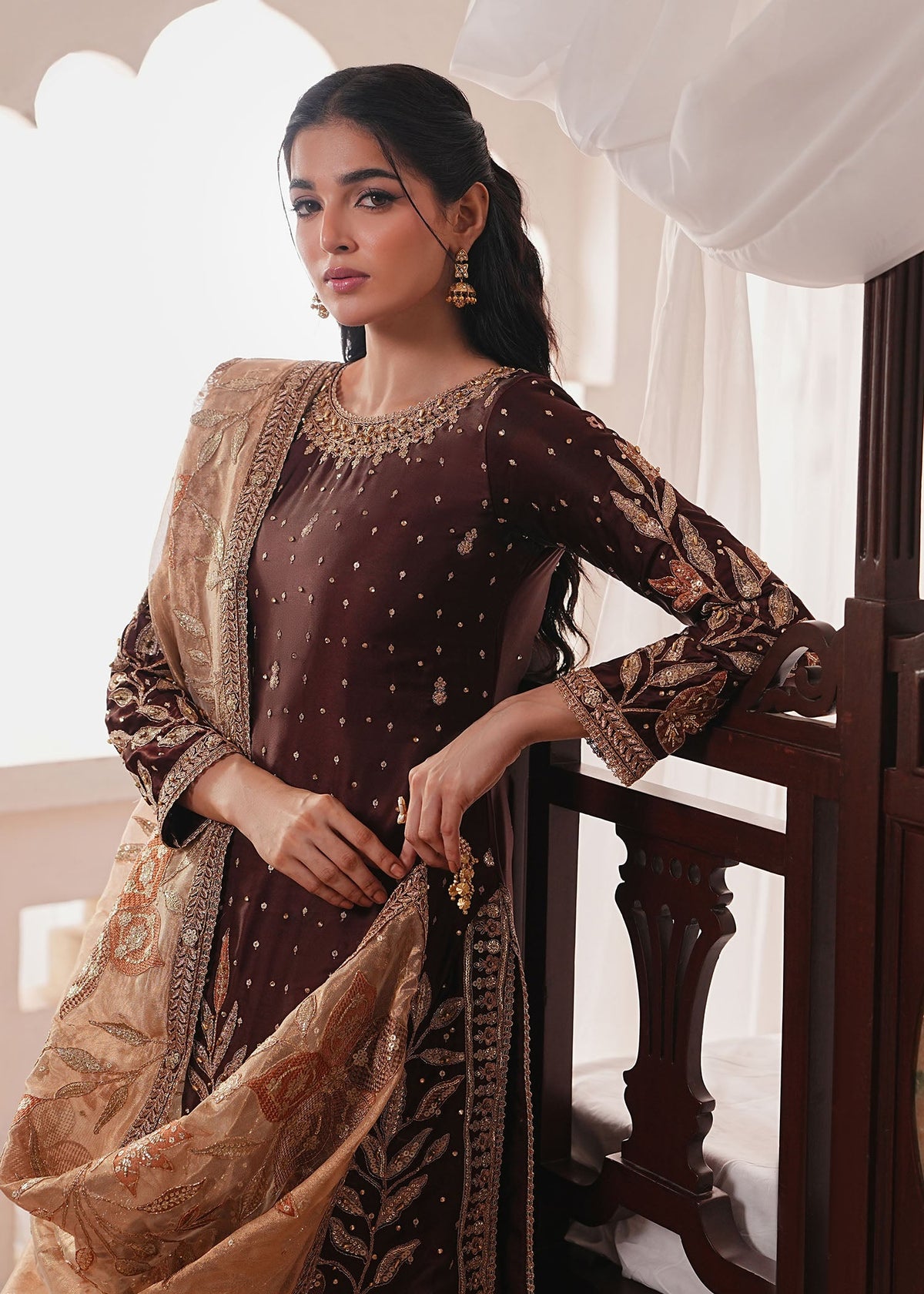 Embroidered Chocolate Brown Silk Salwar Kameez Online in KSA Riyadh Saudi Arabia Oman Bahrain Qatar
