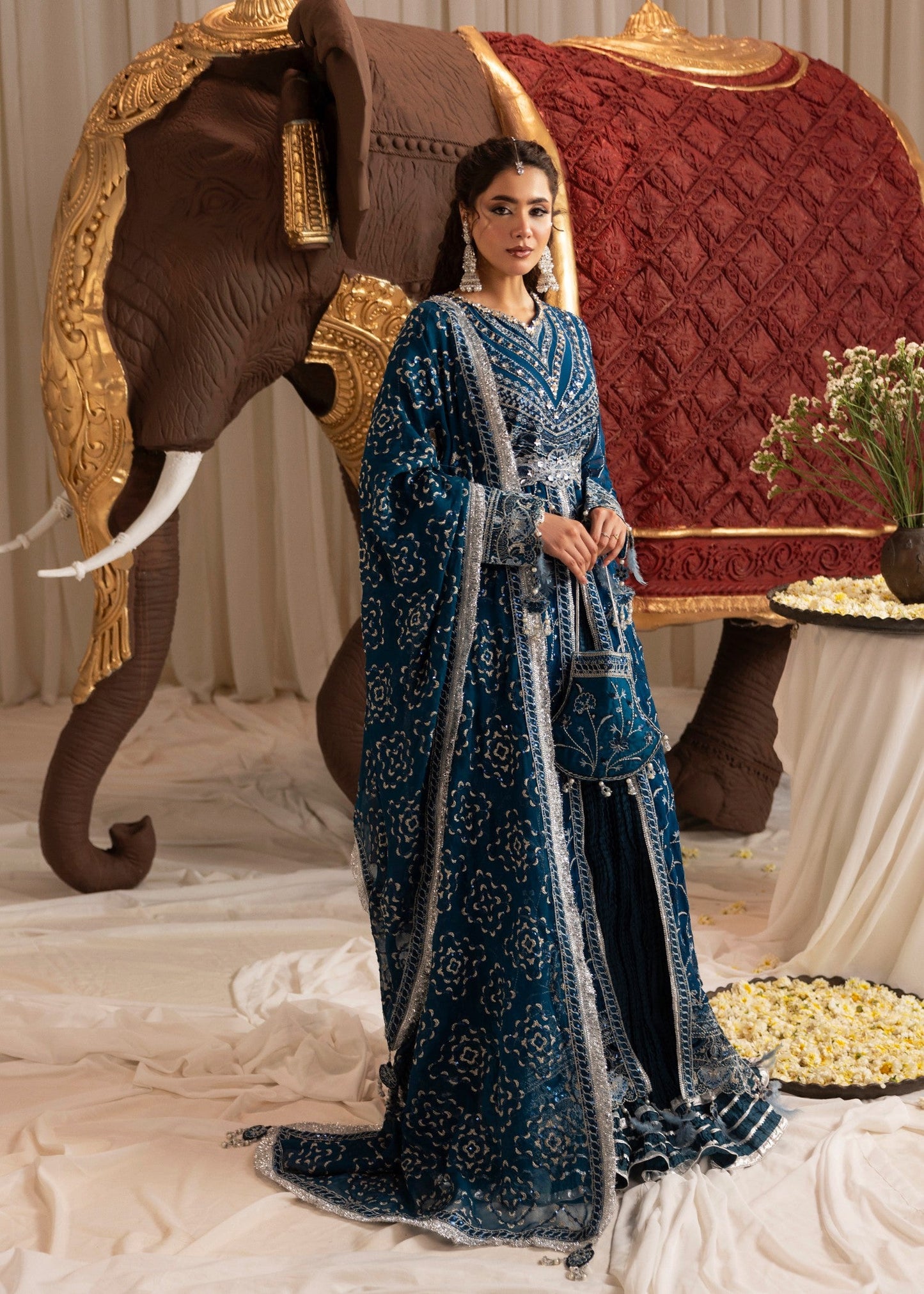 Embroidered Cobalt Blue Chiffon Maxi Dress Online in Sri Lanka India Australia