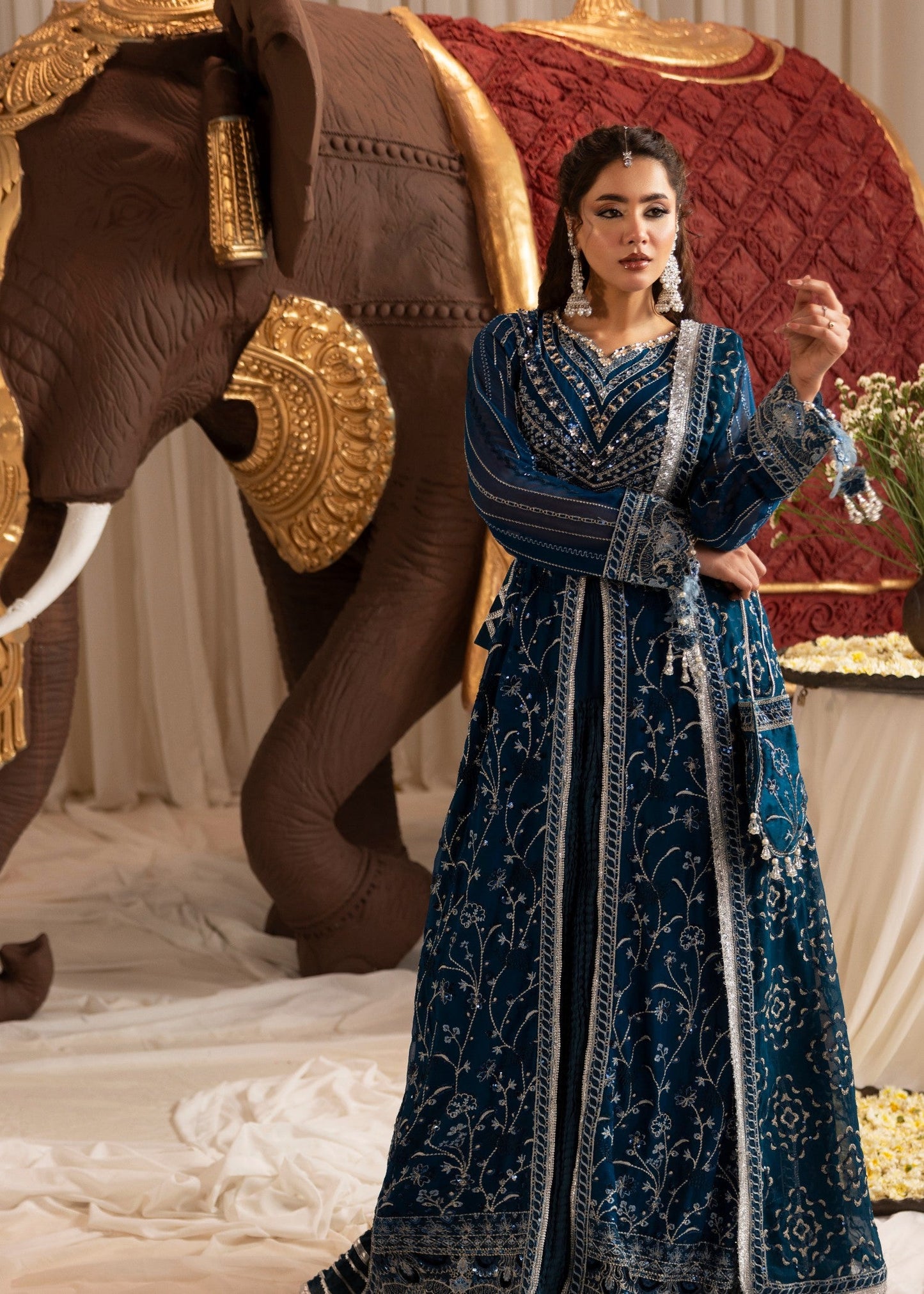 Embroidered Cobalt Blue Chiffon Wedding Guest Wear Online in KSA Riyadh Saudi Arabia Oman Bahrain Qatar