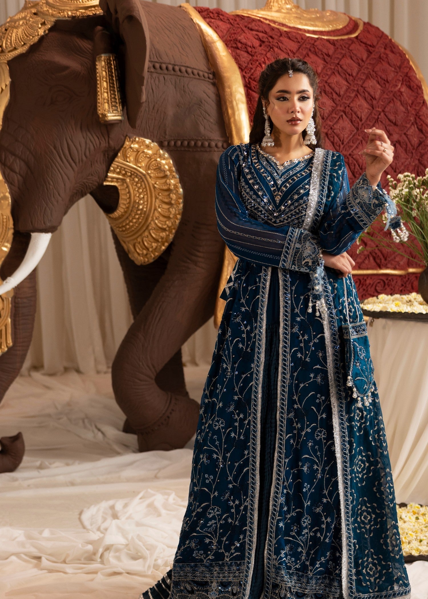 Embroidered Cobalt Blue Chiffon Wedding Guest Wear Online in KSA Riyadh Saudi Arabia Oman Bahrain Qatar