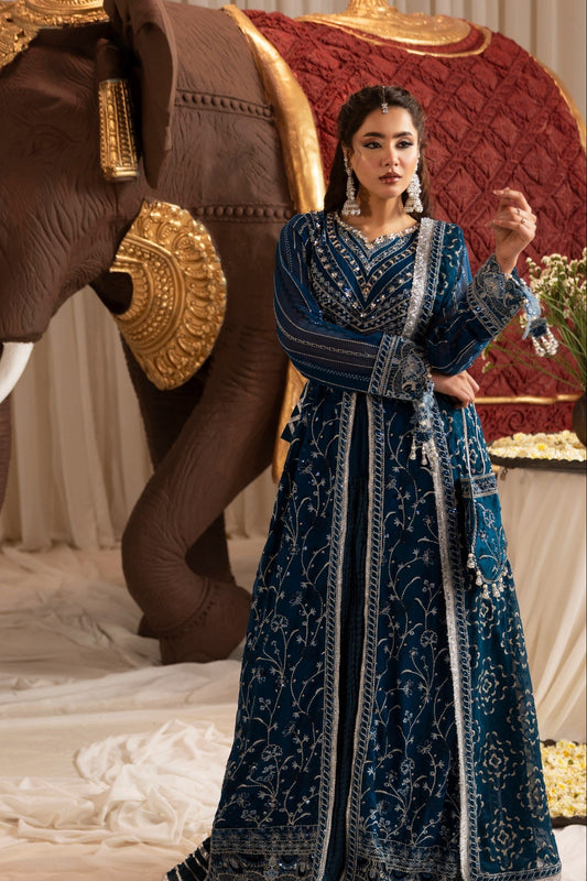 Embroidered Cobalt Blue Chiffon Wedding Guest Wear Online in KSA Riyadh Saudi Arabia Oman Bahrain Qatar