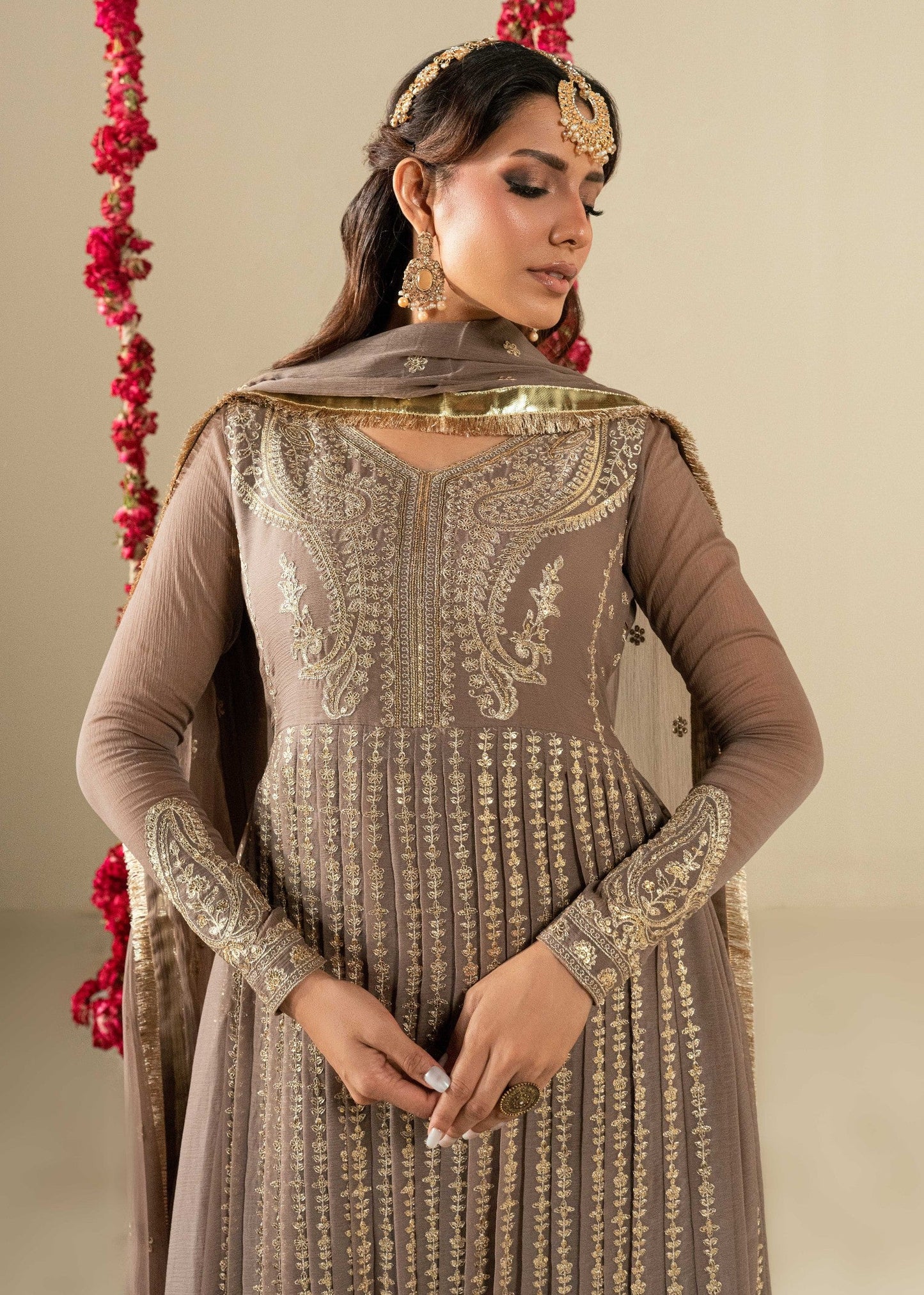 Embroidered Coffee Chiffon Designer Pishwas Suit Online in KSA Riyadh Saudi Arabia Oman Bahrain Qatar