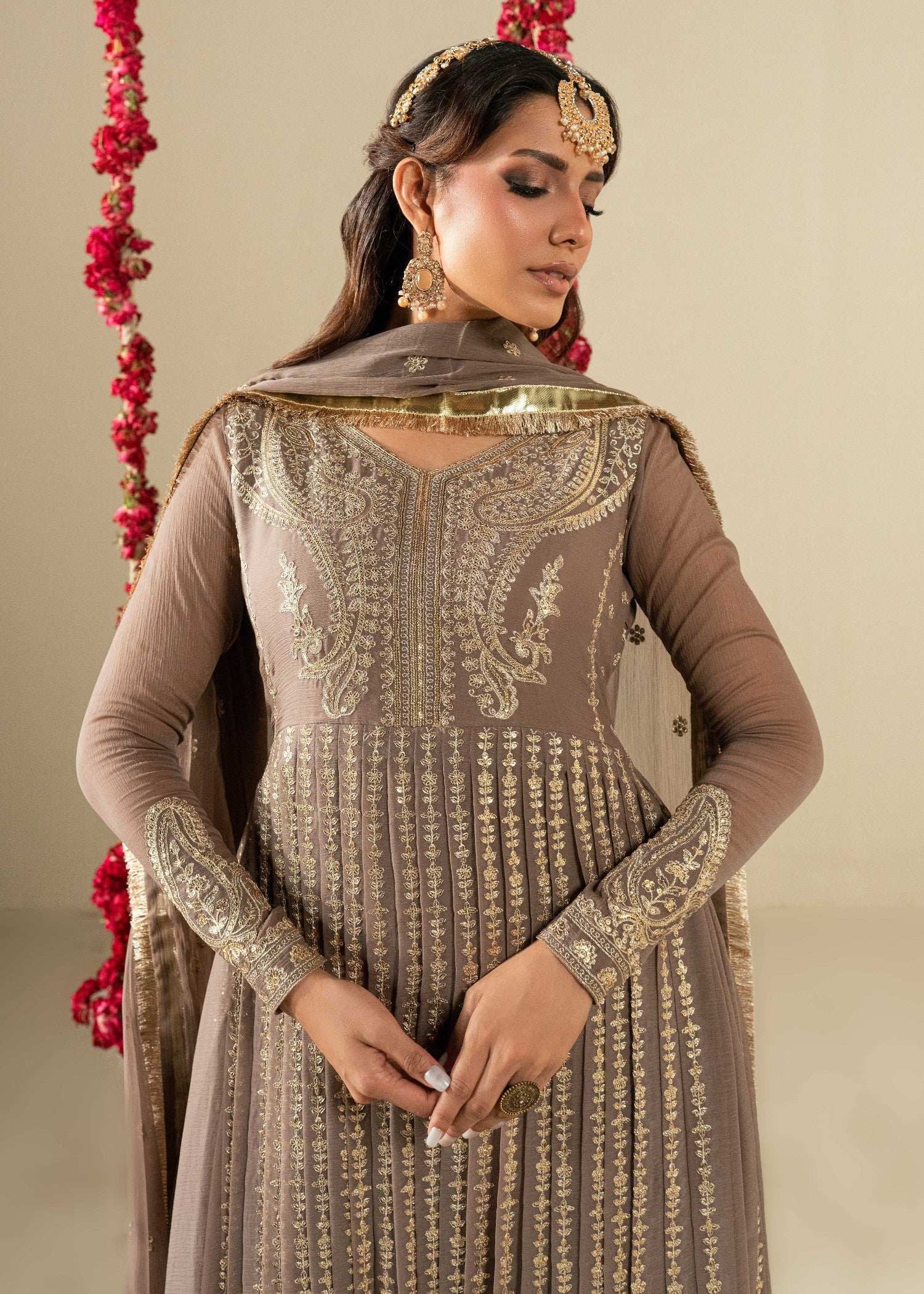 Embroidered Coffee Chiffon Designer Pishwas Suit Online in KSA Riyadh Saudi Arabia Oman Bahrain Qatar