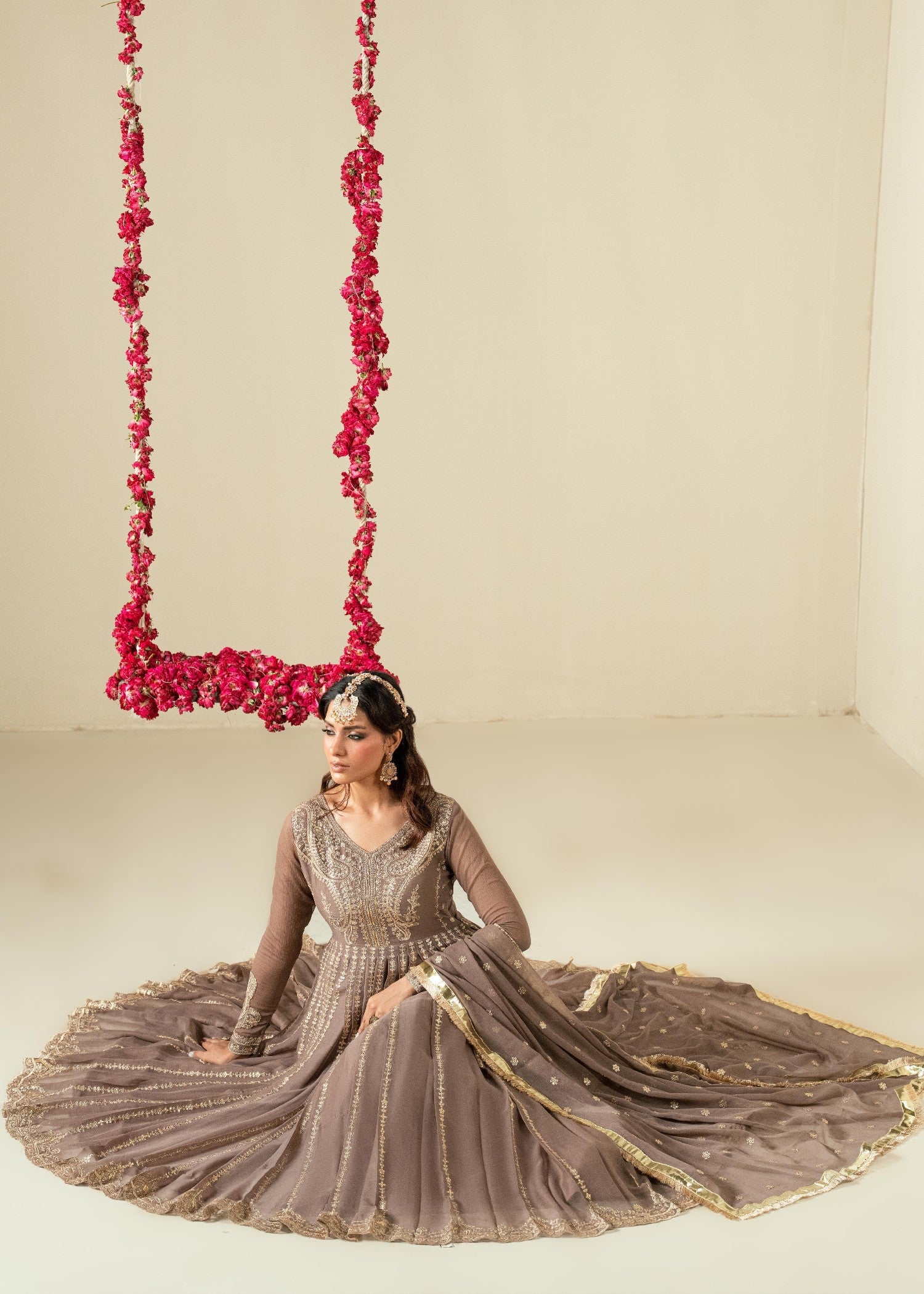 Embroidered Coffee Chiffon Flared Pishwas Dress Online in Sri Lanka India Australia