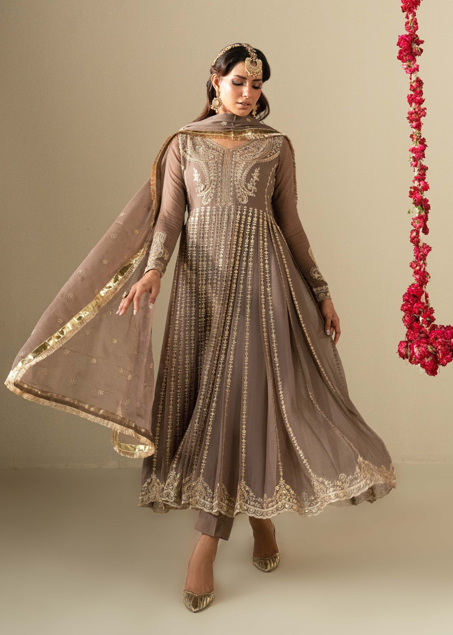 Embroidered Coffee Chiffon Pishwas Dress Material Online in Dubai DXB UAE Abudhabi Meena Bazaar