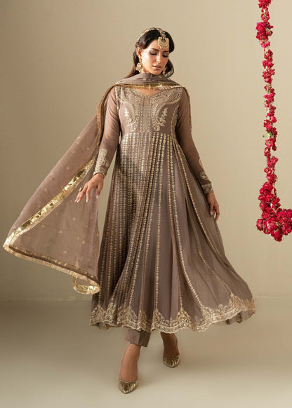 Embroidered Coffee Chiffon Pishwas Dress Material Online in Dubai DXB UAE Abudhabi Meena Bazaar