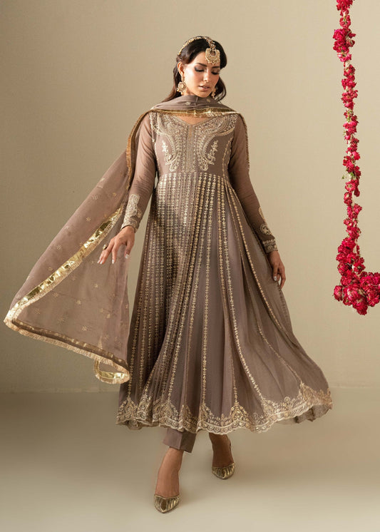 Embroidered Coffee Chiffon Pishwas Dress Material Online in Dubai DXB UAE Abudhabi Meena Bazaar