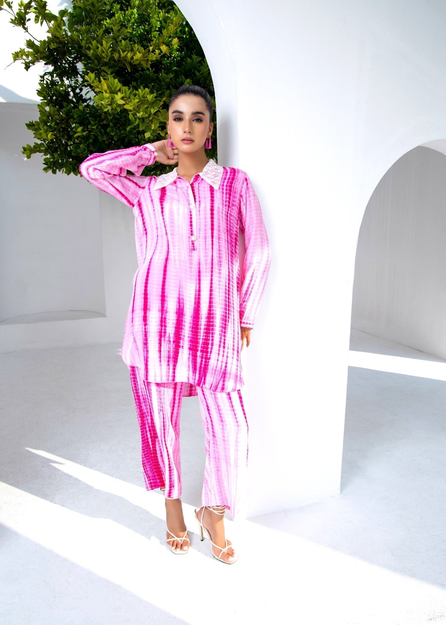 Embroidered Collar Pink Raw Silk Tunic Set Online in UK USA Canada