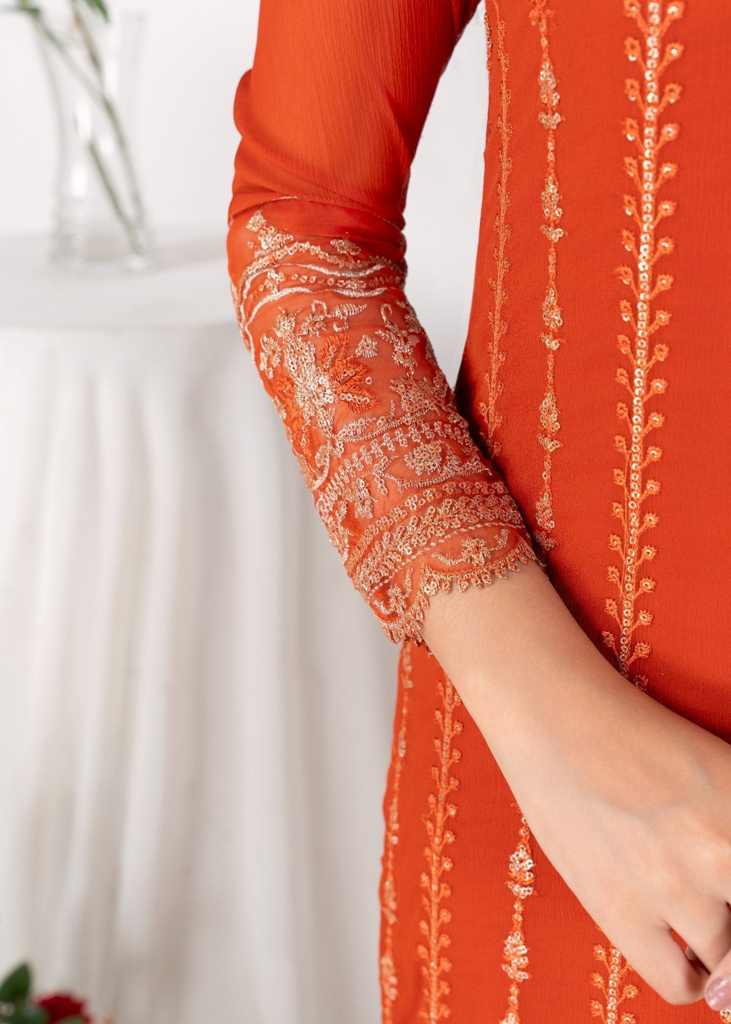 Embroidered Copper Orange Crinkle Chiffon Three Piece Suit Online in Dubai DXB UAE Abudhabi Meena Bazaar