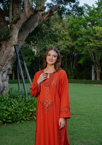 Embroidered Coral Red Khaddar Kurta Set Online in Dubai DXB UAE Abudhabi Meena Bazaar