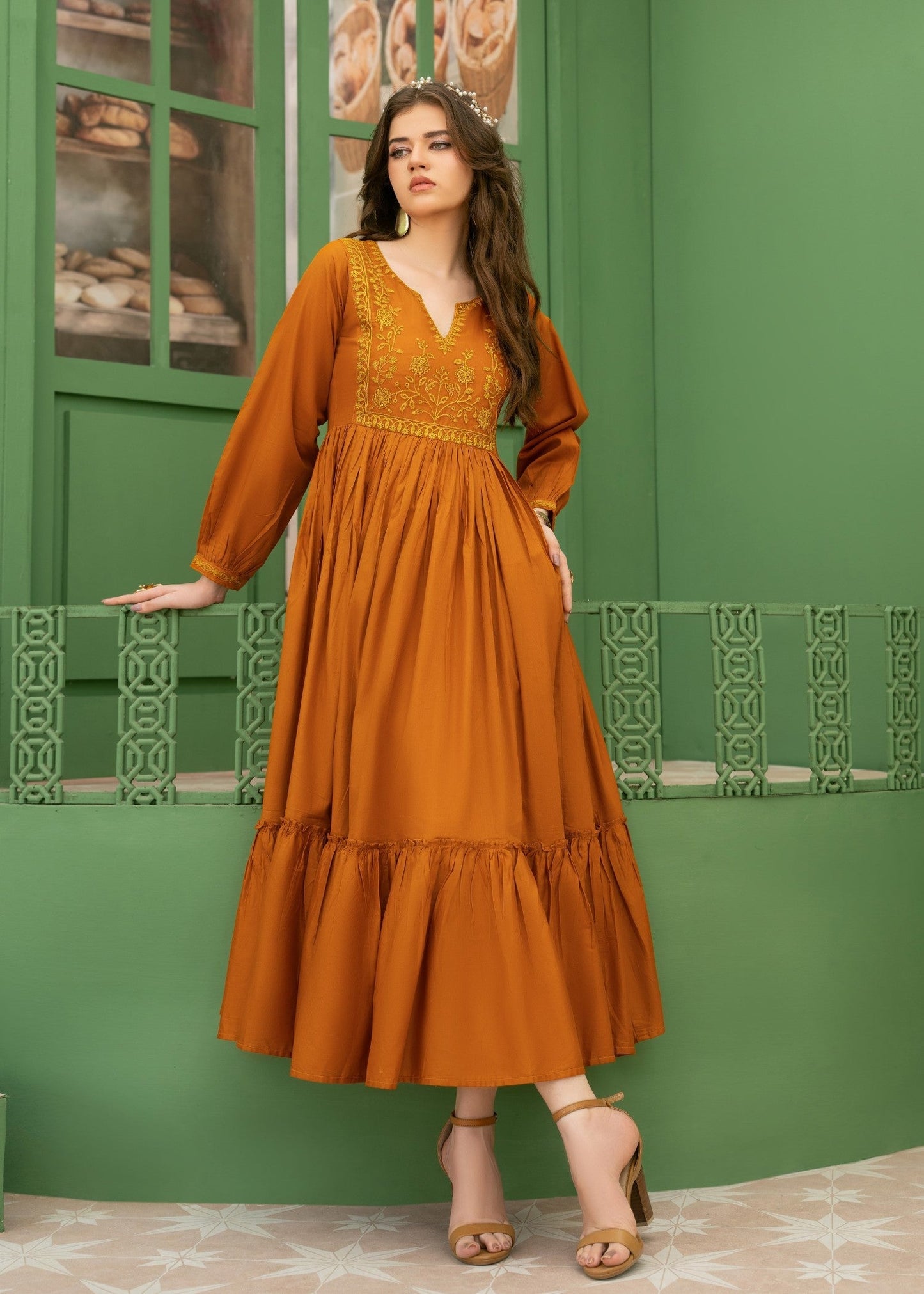 Embroidered Cotton Bronze Orange Ladies Suit Online in UK USA Canada