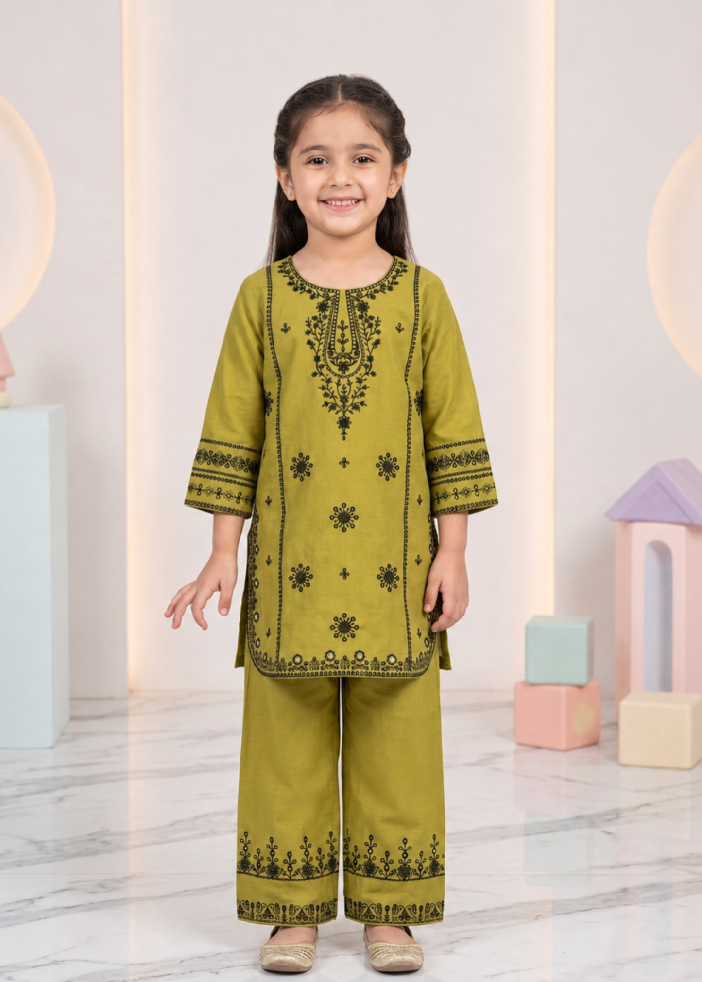 Embroidered Cotton Kurta Set Apple Green Online in UK USA Canada