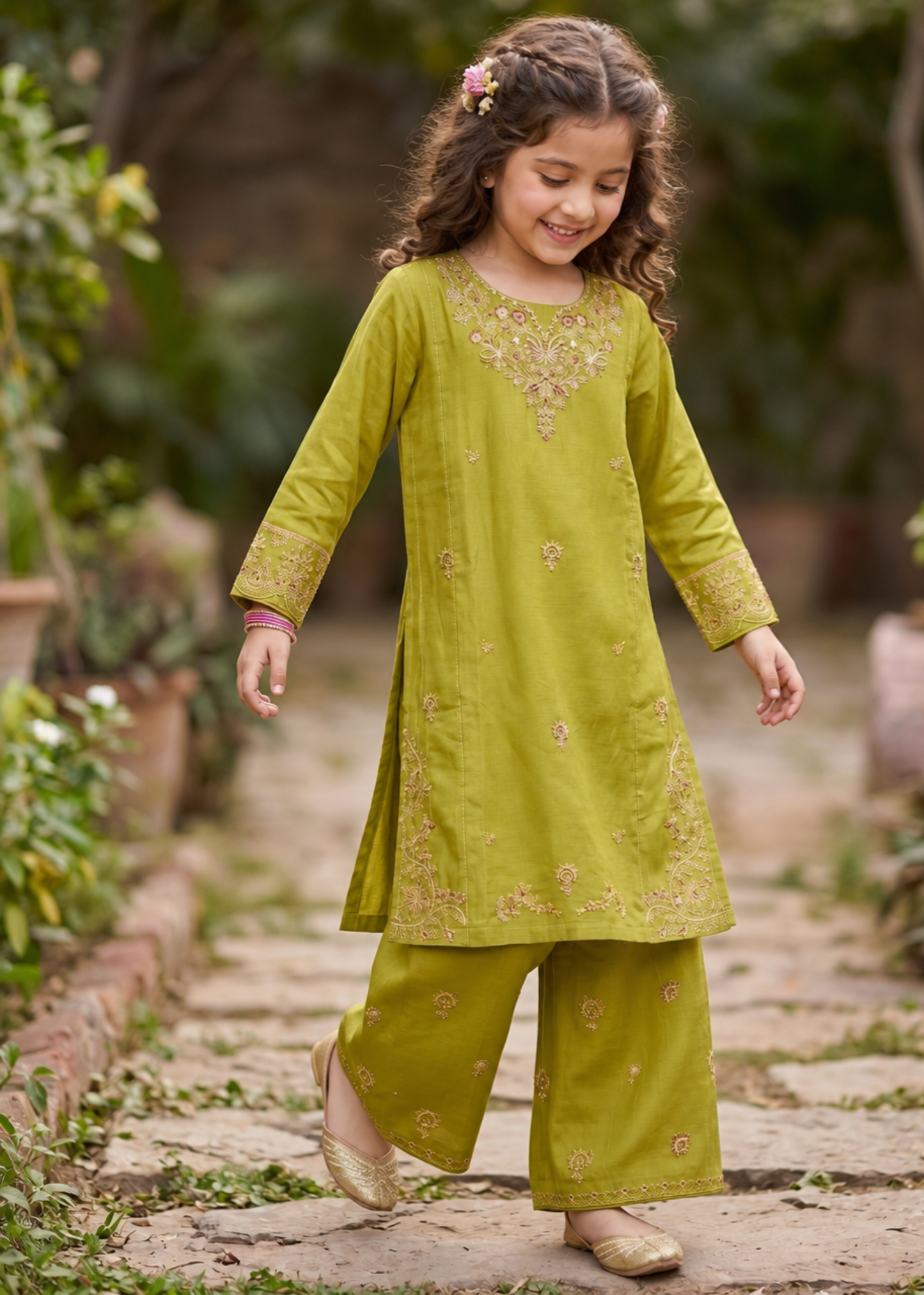 Embroidered Cotton Kurta Set Herb Green Online in UK USA Canada