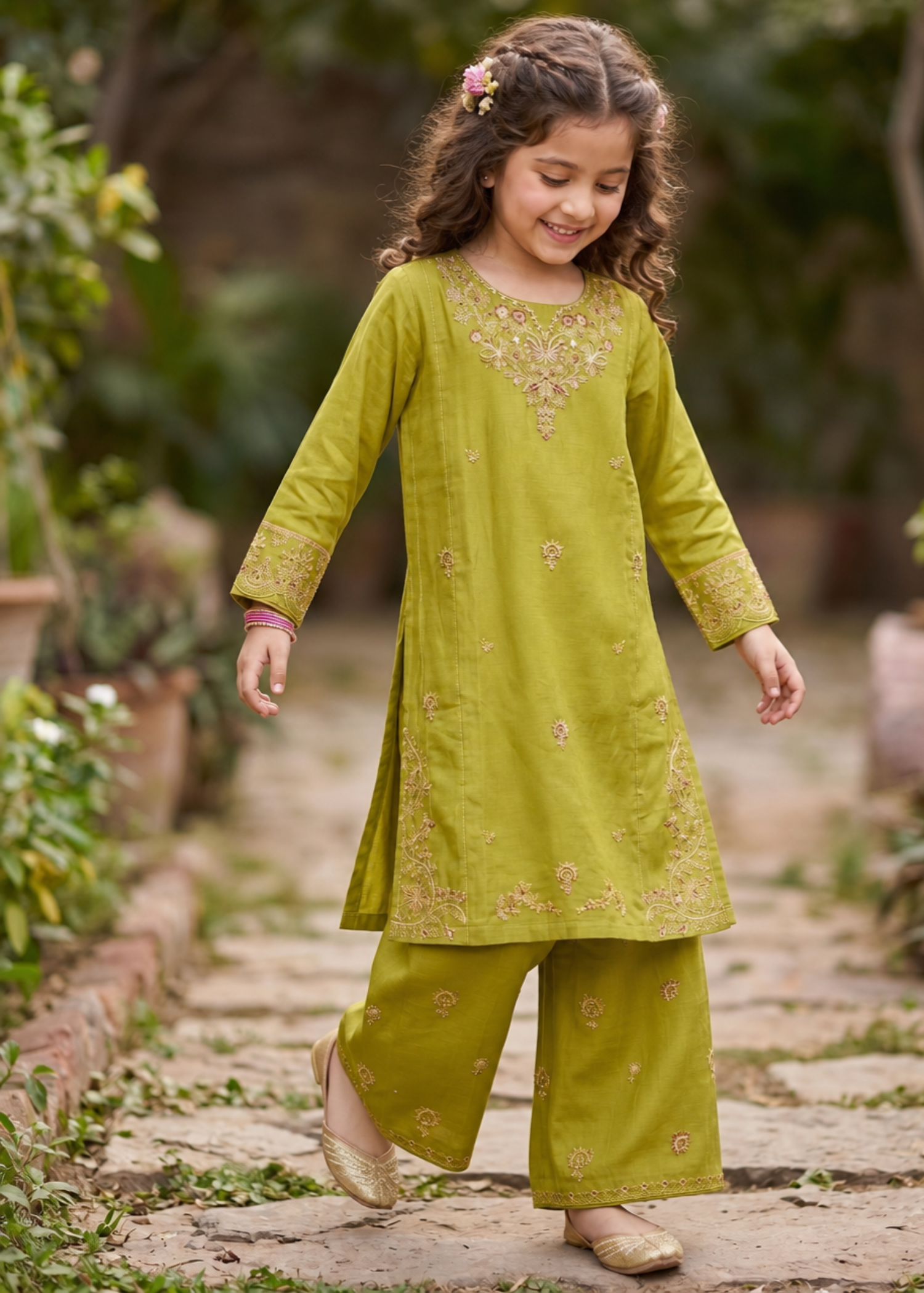 Embroidered Cotton Kurta Set Herb Green Online in UK USA Canada