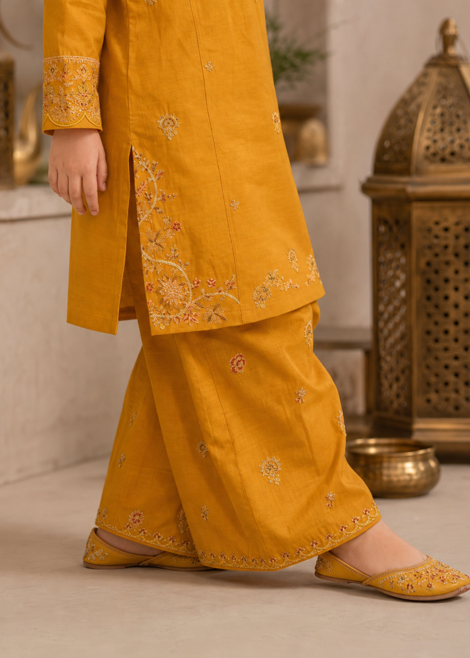 Embroidered Cotton Mustard Kurta Pajama Online in UK USA Canada