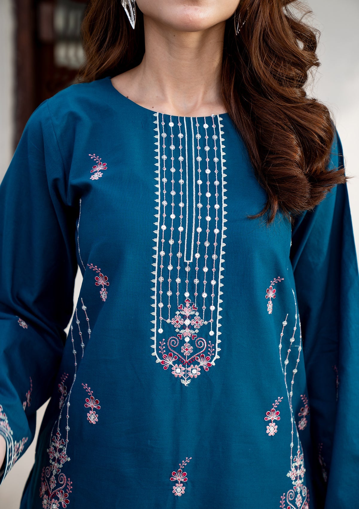 Embroidered Cotton Palazzo Suit Teal Online in KSA Riyadh Saudi Arabia Oman Bahrain Qatar