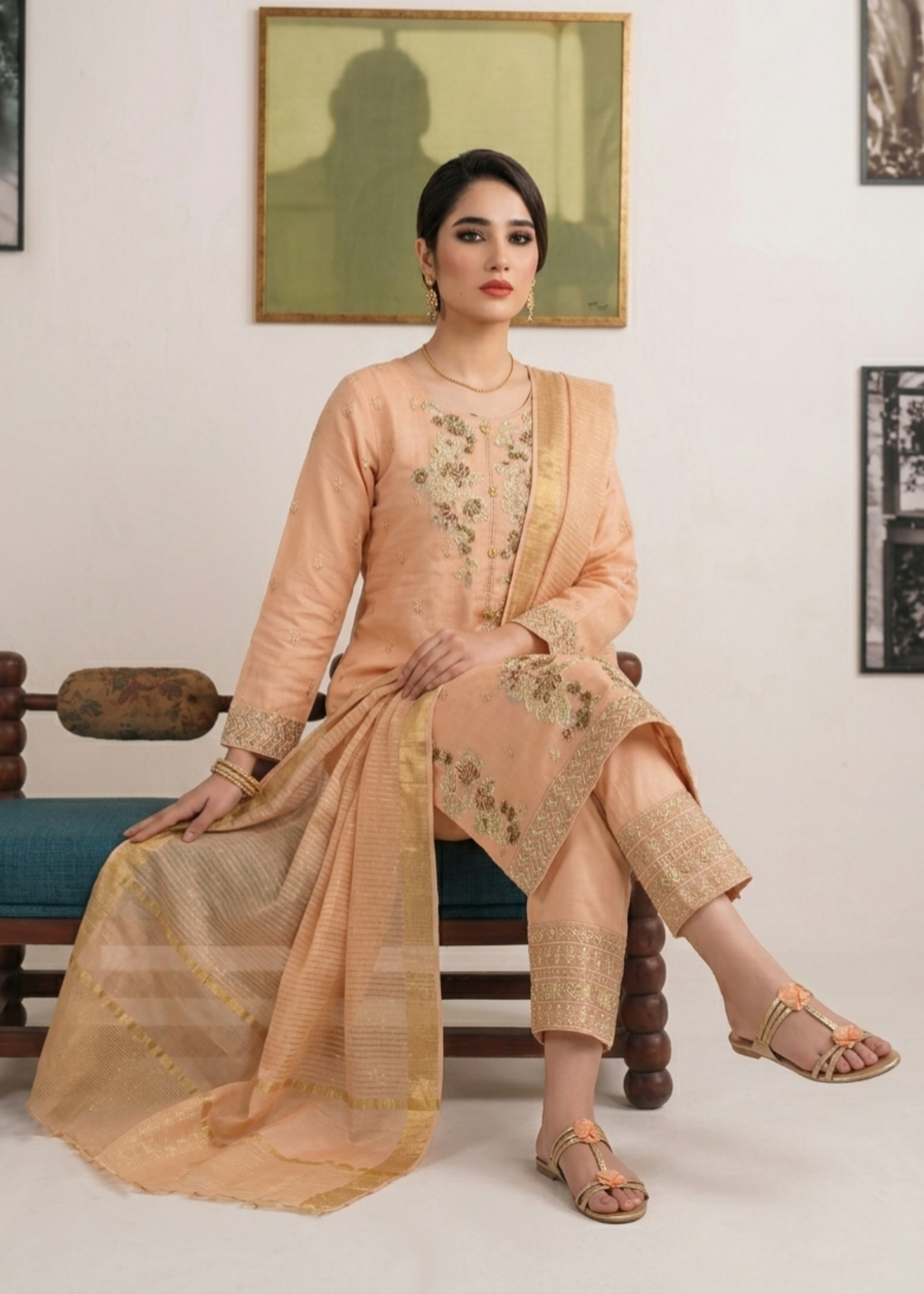 Embroidered Cotton Peach Ladies Suit Online in UK USA Canada