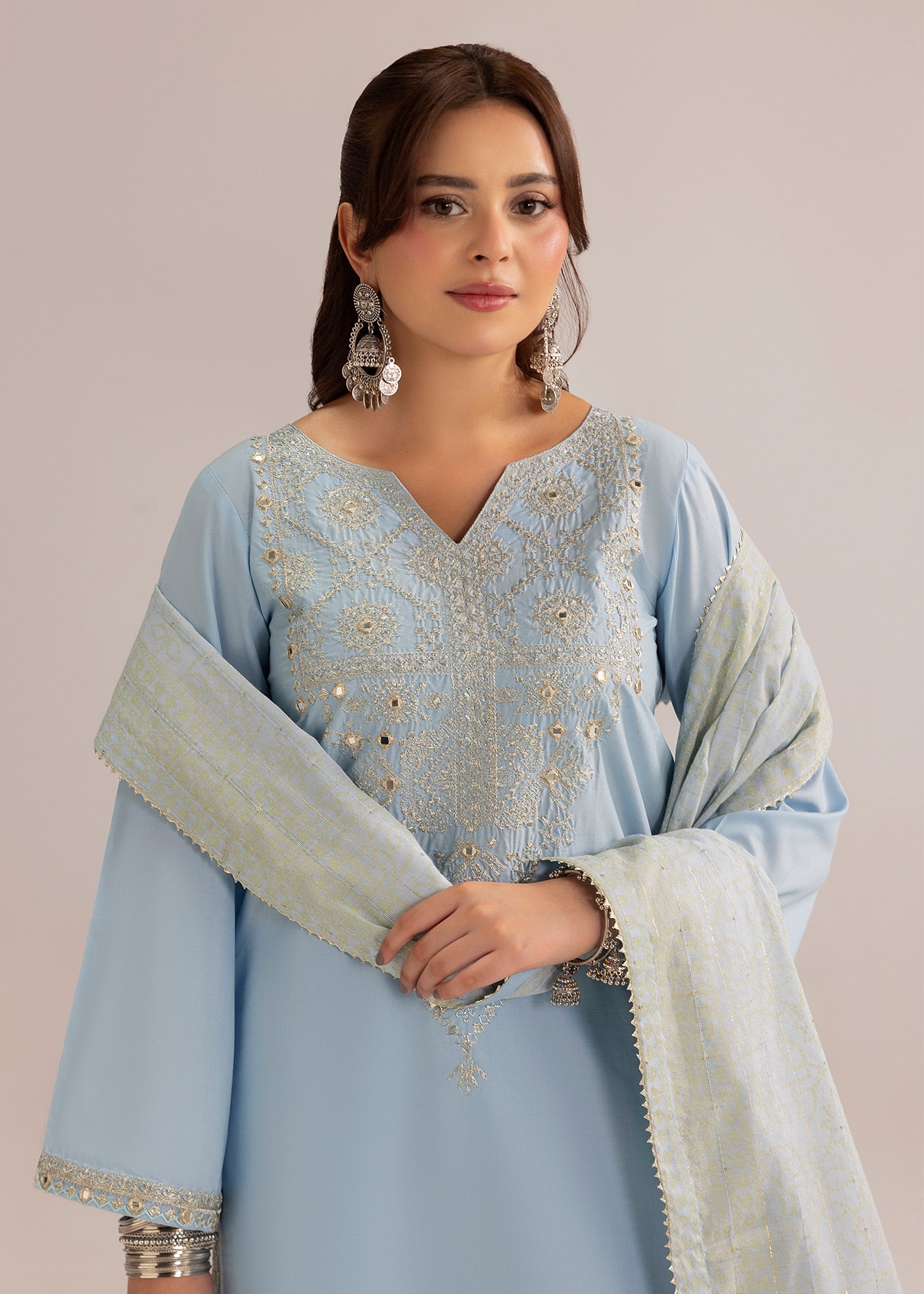 Embroidered Cotton Plazzo Suit with Zari Dupatta Online in KSA Riyadh Saudi Arabia Oman Bahrain Qatar
