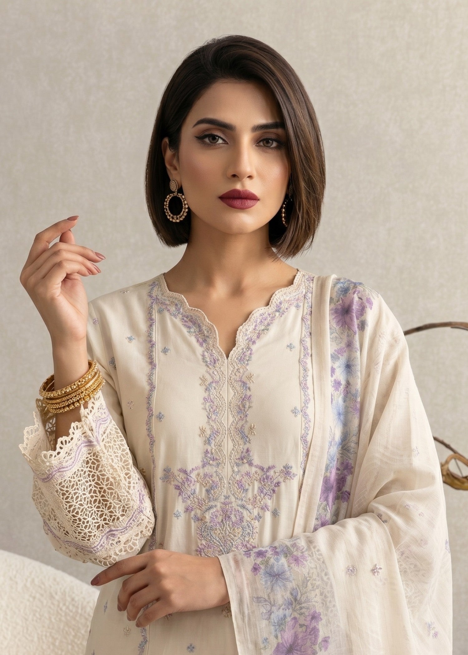 Embroidered Cotton Straight Kurta with Silk Dupatta Online in Dubai UAE Abudhabi Ajman Sharjah