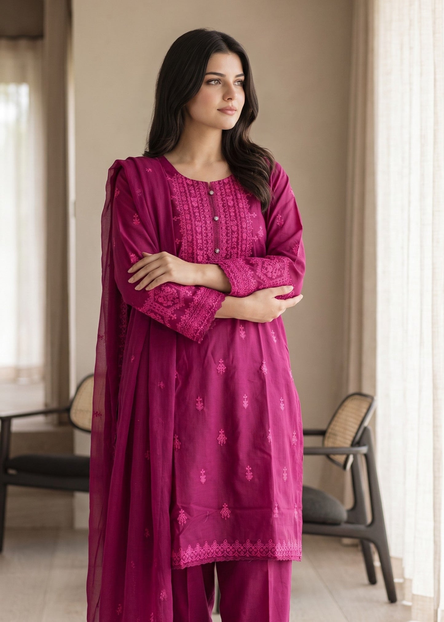 Embroidered Cotton Straight Trouser Suit Online in Dubai UAE Abudhabi Ajman Sharjah