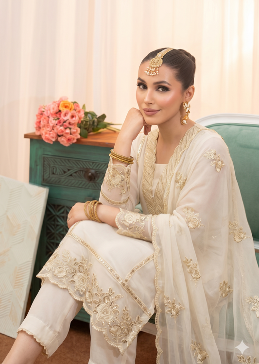 Embroidered Cream Chiffon 3 Piece Suit Online in Dubai DXB UAE Abudhabi Meena Bazaar