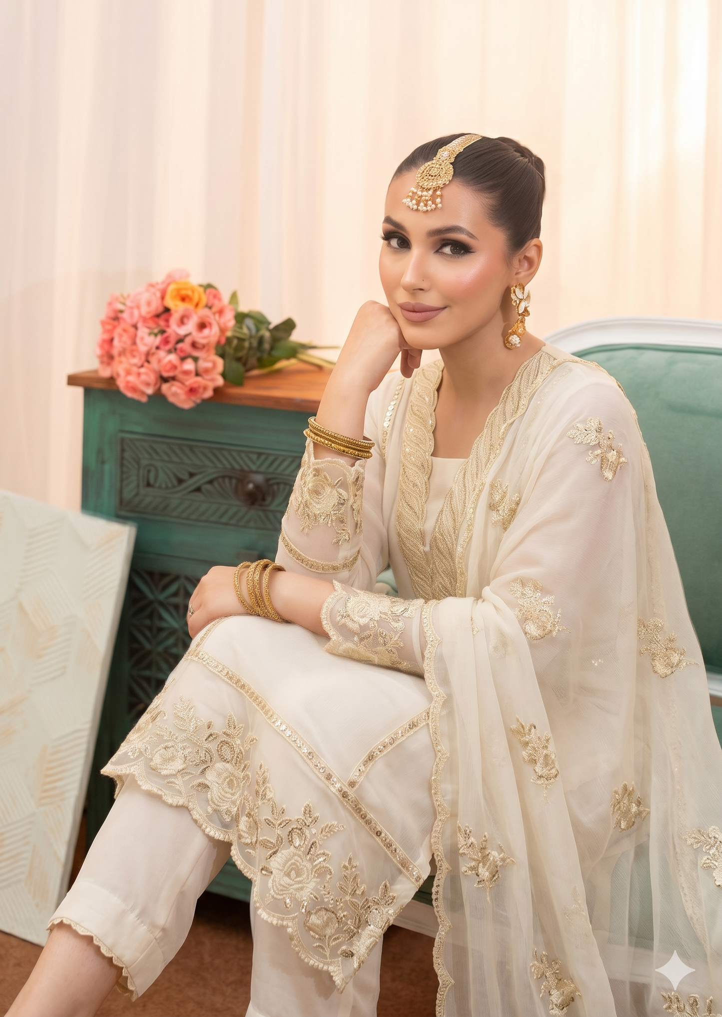 Embroidered Cream Chiffon Short Kurta Straight Trouser Online in Dubai DXB UAE Abudhabi Meena Bazaar